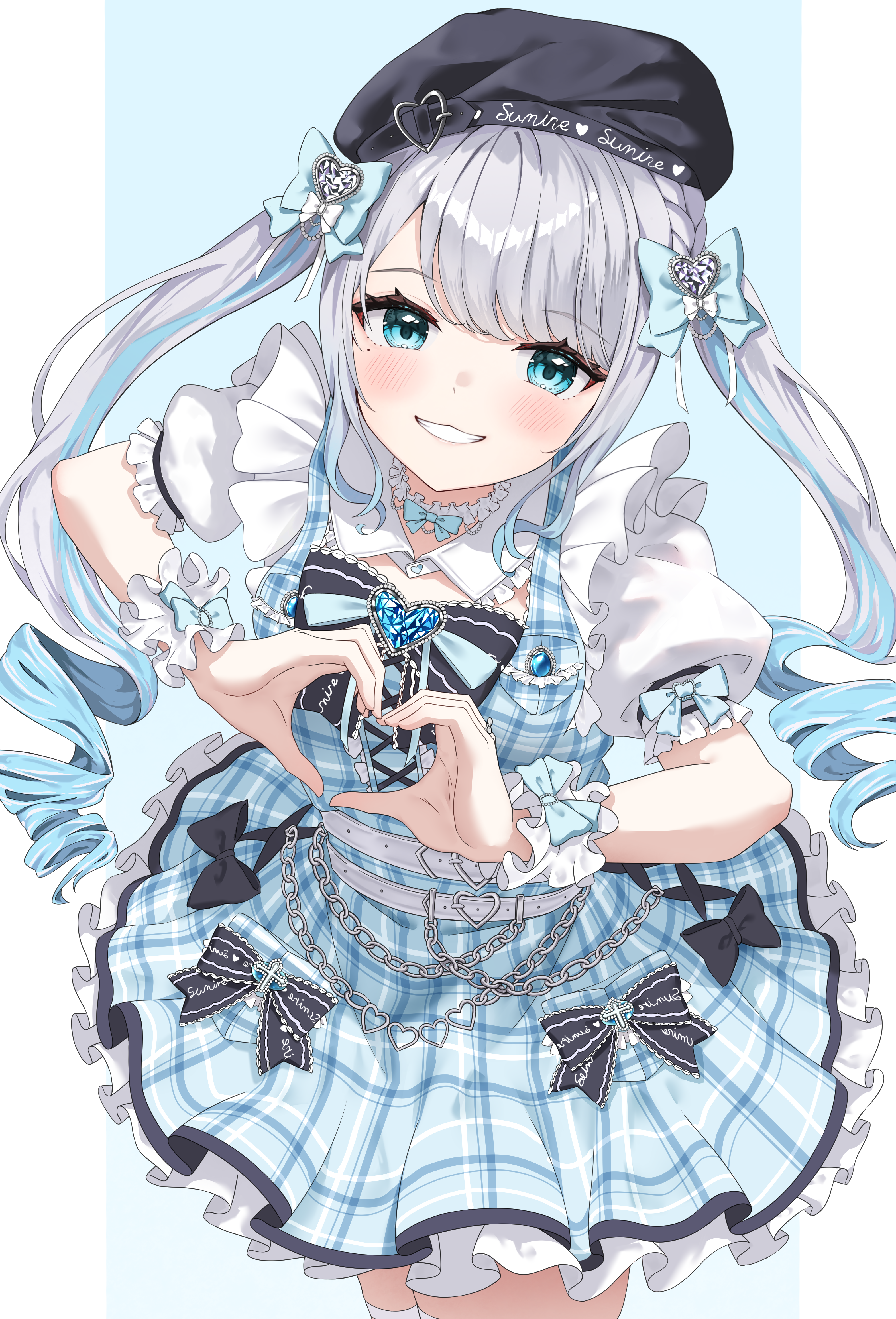 shiriaru (jjonaeng), kaga sumire, kaga sumire (7th costume), vspo!, absurdres, highres, belt, beret, black bow, black hat, blue bow, blue eyes, blue hair, blush, bow, braid, buckle, chain, choker, cowboy shot, cross, dress, drill hair, frilled choker, frilled cuffs, frilled dress, frilled skirt, frilled sleeves, frills, grey hair, hair bow, hat, heart, heart-shaped buckle, heart-shaped gem, heart belt buckle, heart hands, heart o-ring, looking at viewer, mole, mole under eye, multicolored hair, o-ring, parted bangs, parted lips, plaid clothes, plaid dress, puffy short sleeves, puffy sleeves, short sleeves, skirt, smile, standing, swept bangs, thick eyelashes, thighhighs, twintails, two-tone hair, white belt, white thighhighs, white wrist cuffs, wrist cuffs