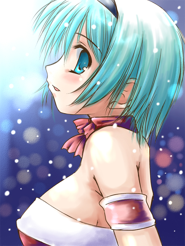 x-4kazu, yoshioka chie, to heart (series), to heart 2, to heart 2 ad, 00s, 1girl, aqua eyes, aqua hair, armband, bare shoulders, blush, breasts, choker, christmas, covered erect nipples, female focus, hairband, large breasts, santa costume, short hair, sideboob, snow, solo