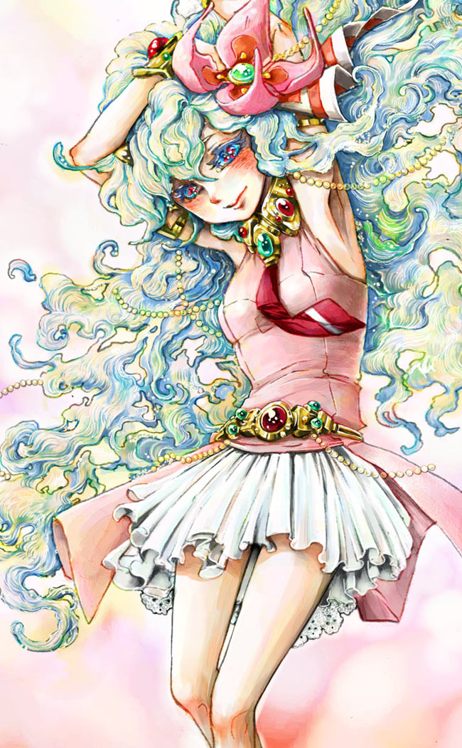 chihiro (kemonomichi), takatora, nia teppelin, tengen toppa gurren lagann, silver hair, bad id, bad pixiv id, 00s, armpits, blouse, blue eyes, cross-shaped pupils, flower, gem, gold trim, half-closed eyes, jewelry, long hair, multicolored hair, pearl (gemstone), ribbon, shirt, sleeveless, sleeveless shirt, solo, symbol-shaped pupils, very long hair