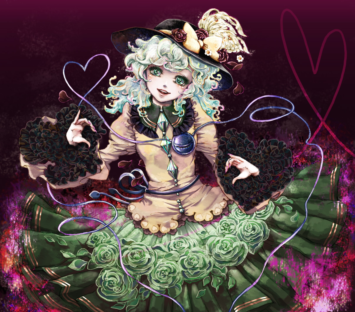 chihiro (kemonomichi), takatora, komeiji koishi, touhou, 1girl, crystal, eyelashes, female focus, flower, frilled sleeves, frills, gothic lolita, green eyes, green flower, green rose, hat, hat ribbon, head tilt, heart, heart of string, lolita fashion, looking at viewer, nail polish, petals, pink nails, red flower, red rose, ribbon, rose, rose petals, short hair, skirt, solo, string, too many, white hair