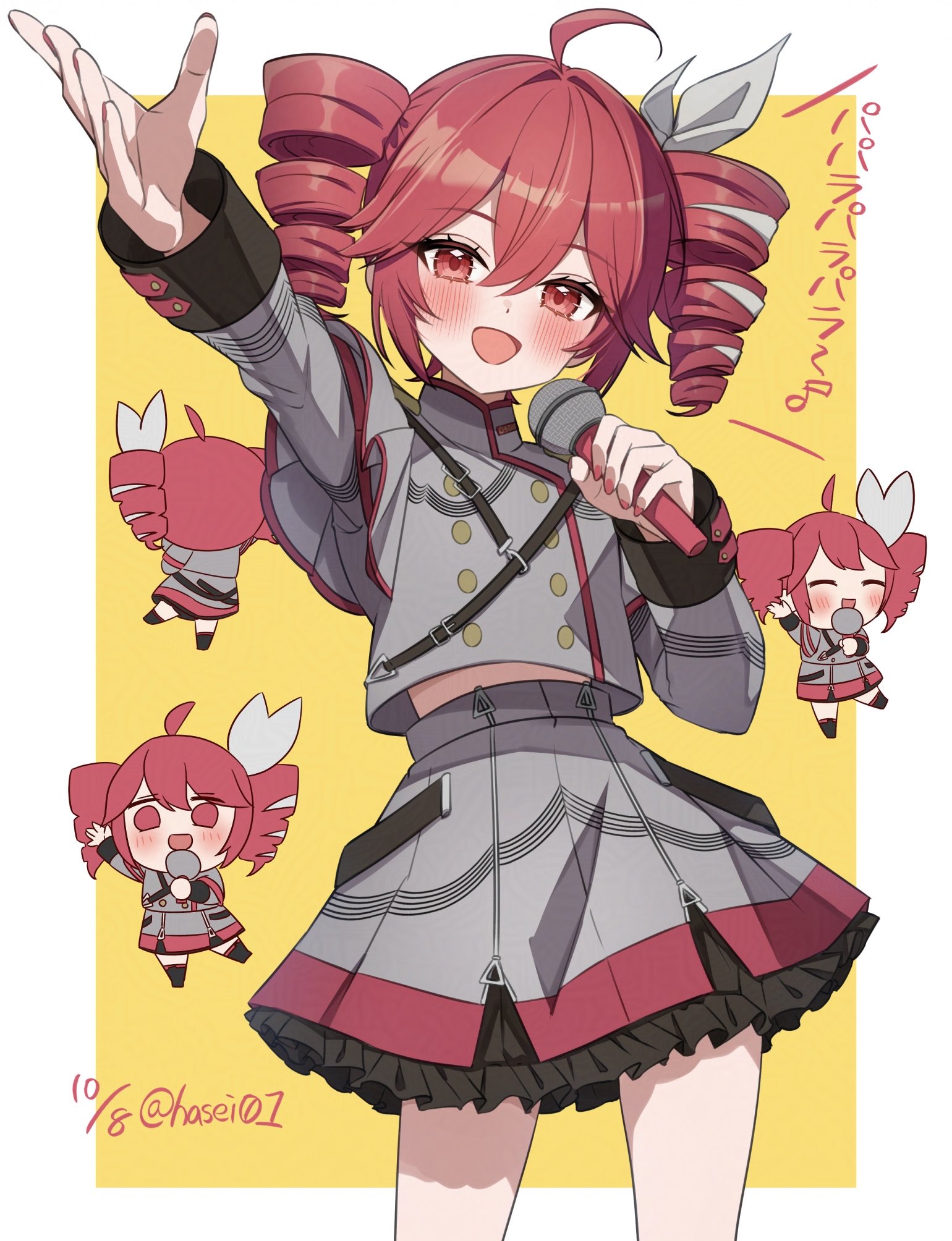 hasei (hasei01), kasane teto, kasane teto (sv), synthesizer v, tetoris (synthesizer v), utau, hashtag-only commentary, highres, 1girl, ahoge, arm up, blush, bow, buttons, chibi, cowboy shot, dated, drill hair, grey jacket, grey skirt, hair between eyes, hair bow, holding, holding microphone, jacket, long sleeves, looking at viewer, microphone, open mouth, outside border, outstretched arm, red eyes, red hair, ribbon, skirt, twin drills, twitter username, white bow, yellow background