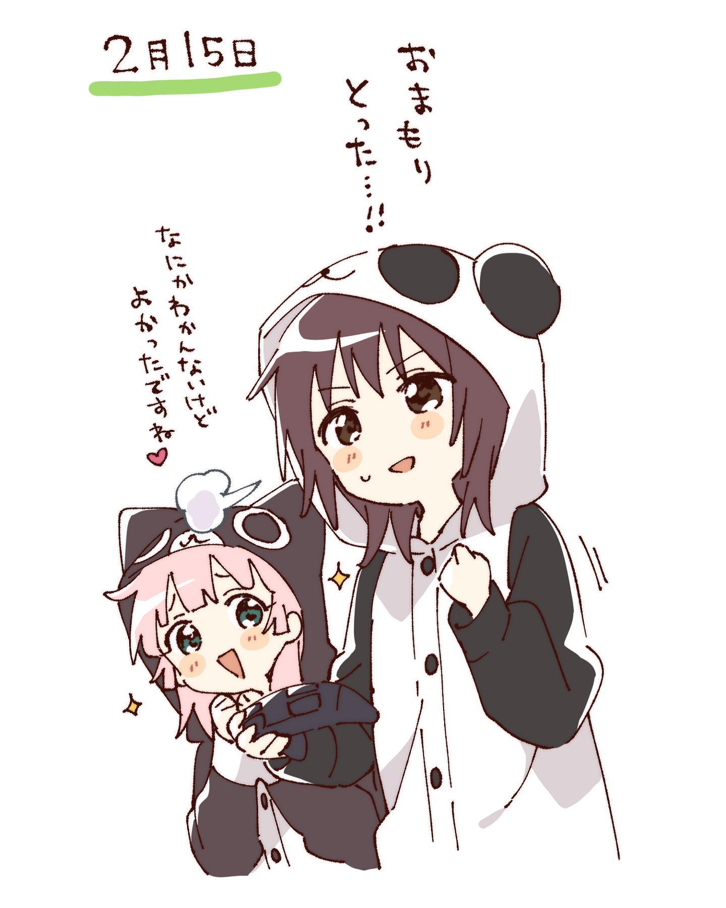 namori, funami yui, yoshikawa chinatsu, yuruyuri, hashtag-only commentary, highres, translation request, 2girls, :d, animal costume, animal hood, blush stickers, brown eyes, brown hair, buttons, cat costume, cat hood, controller, cropped torso, game controller, green eyes, hand up, holding, holding controller, holding game controller, hood, hood up, long sleeves, multiple girls, open mouth, panda costume, pink hair, short hair, simple background, smile, sparkle, sweatdrop, white background