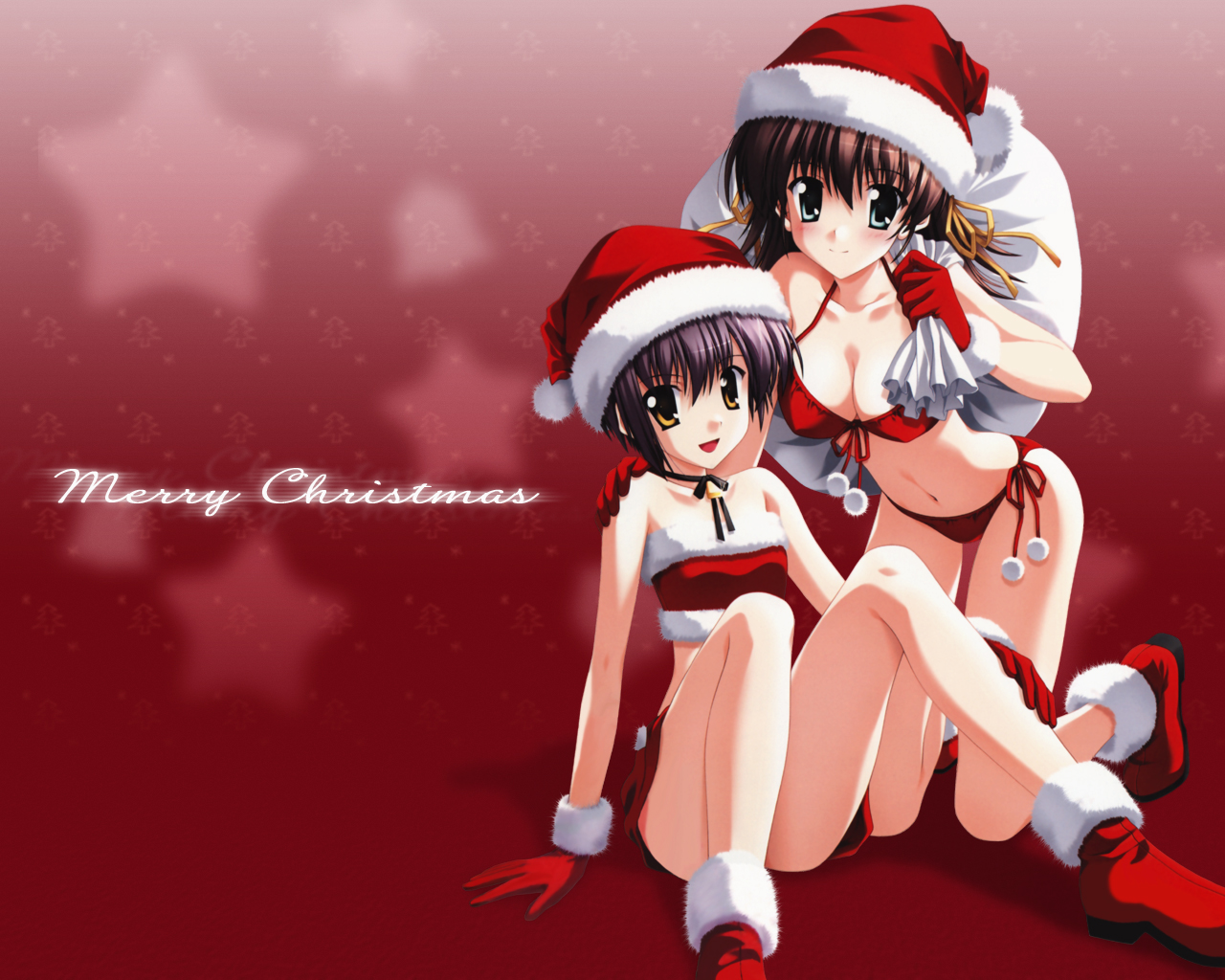nanao naru, miyamura miyako, shindou kei (ef), ef (visual novel), 00s, 2girls, bikini, black hair, boots, brown eyes, brown hair, christmas, front-tie bra, fur-trimmed boots, fur-trimmed gloves, fur trim, gloves, green eyes, hat, merry christmas, multiple girls, panties, red gloves, sack, santa bikini, santa costume, santa hat, short hair, side-tie panties, swimsuit, underwear
