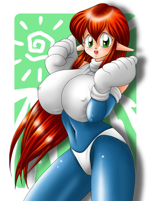 roomi, galaxy fight, sunsoft, non-web source, 1girl, blue bodysuit, bodysuit, breasts, covered erect nipples, gloves, green background, green eyes, huge breasts, pointy ears, red hair, spandex