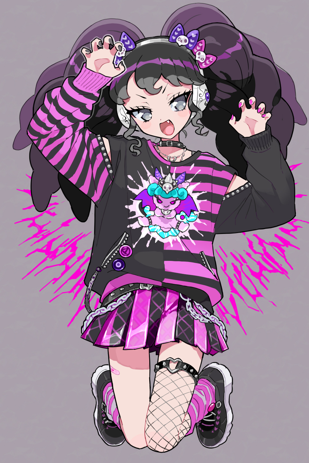 moudoku (decopon3rd), gaaruru (pripara), pretty series, pripara, commentary, highres, symbol-only commentary, 1girl, :d, arm up, asymmetrical legwear, black choker, black eyes, black nails, black shirt, black shoes, black skirt, bow, chain, choker, clothing cutout, dot nose, facing viewer, fang, fishnet thighhighs, fishnets, grey background, hair bow, hand up, heart, heart necklace, jewelry, kneeling, knees together feet apart, light blush, long hair, long sleeves, looking to the side, necklace, no pupils, open mouth, pink bow, pink nails, pink shirt, pink skirt, pink socks, print shirt, purple bow, shirt, shoes, shoulder cutout, skirt, smile, socks, solo, spikes, straight-on, striped clothes, striped shirt, striped skirt, thighhighs, tsurime, twintails, two-tone skirt, v-shaped eyebrows, vertical-striped clothes, vertical-striped skirt