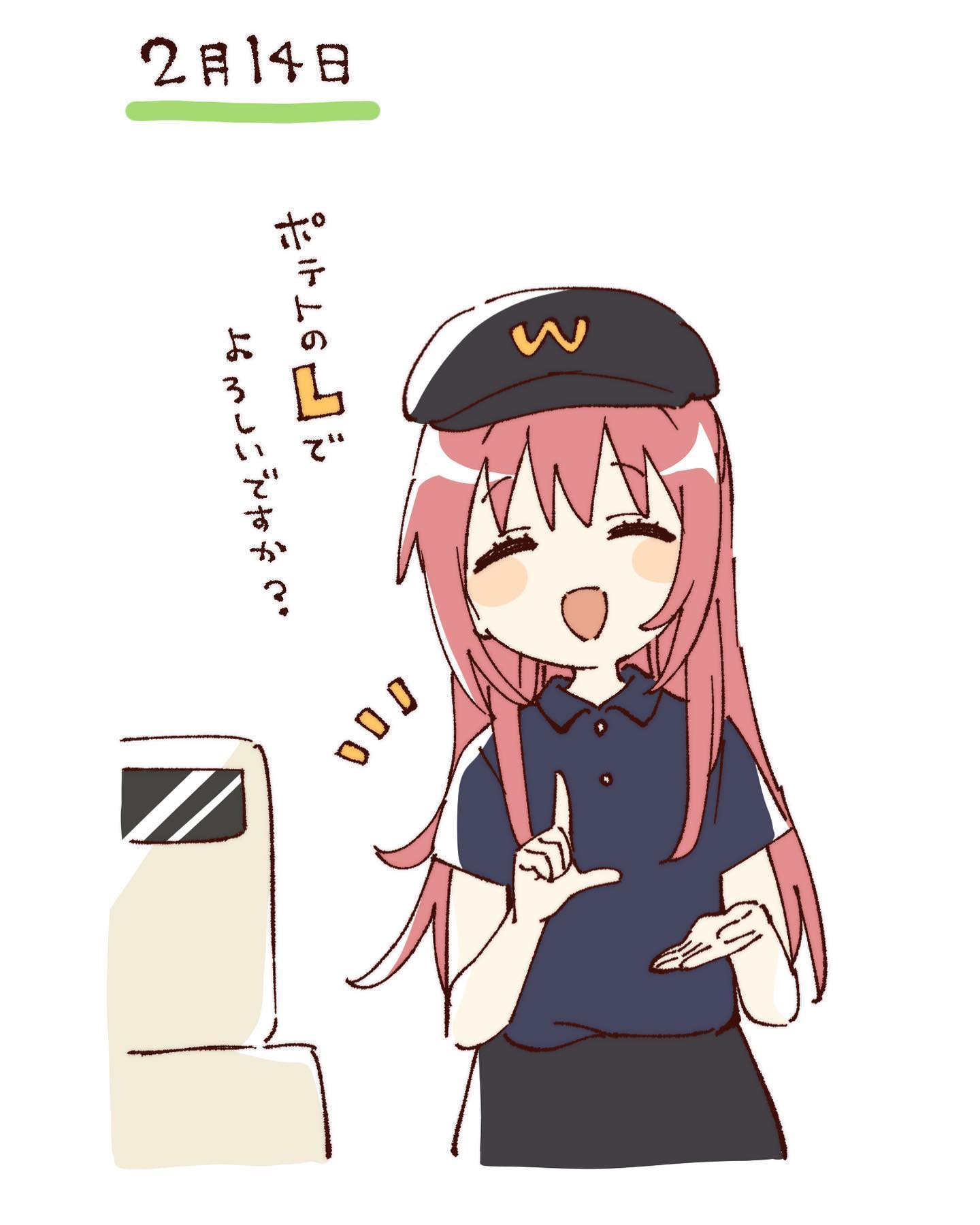 namori, akaza akane, yuruyuri, hashtag-only commentary, highres, translation request, 1girl, :d, ^ ^, black hat, black skirt, blue shirt, blush stickers, closed eyes, collared shirt, cropped torso, facing viewer, hat, l hand, long hair, open mouth, red hair, shirt, short sleeves, simple background, skirt, smile, solo, white background