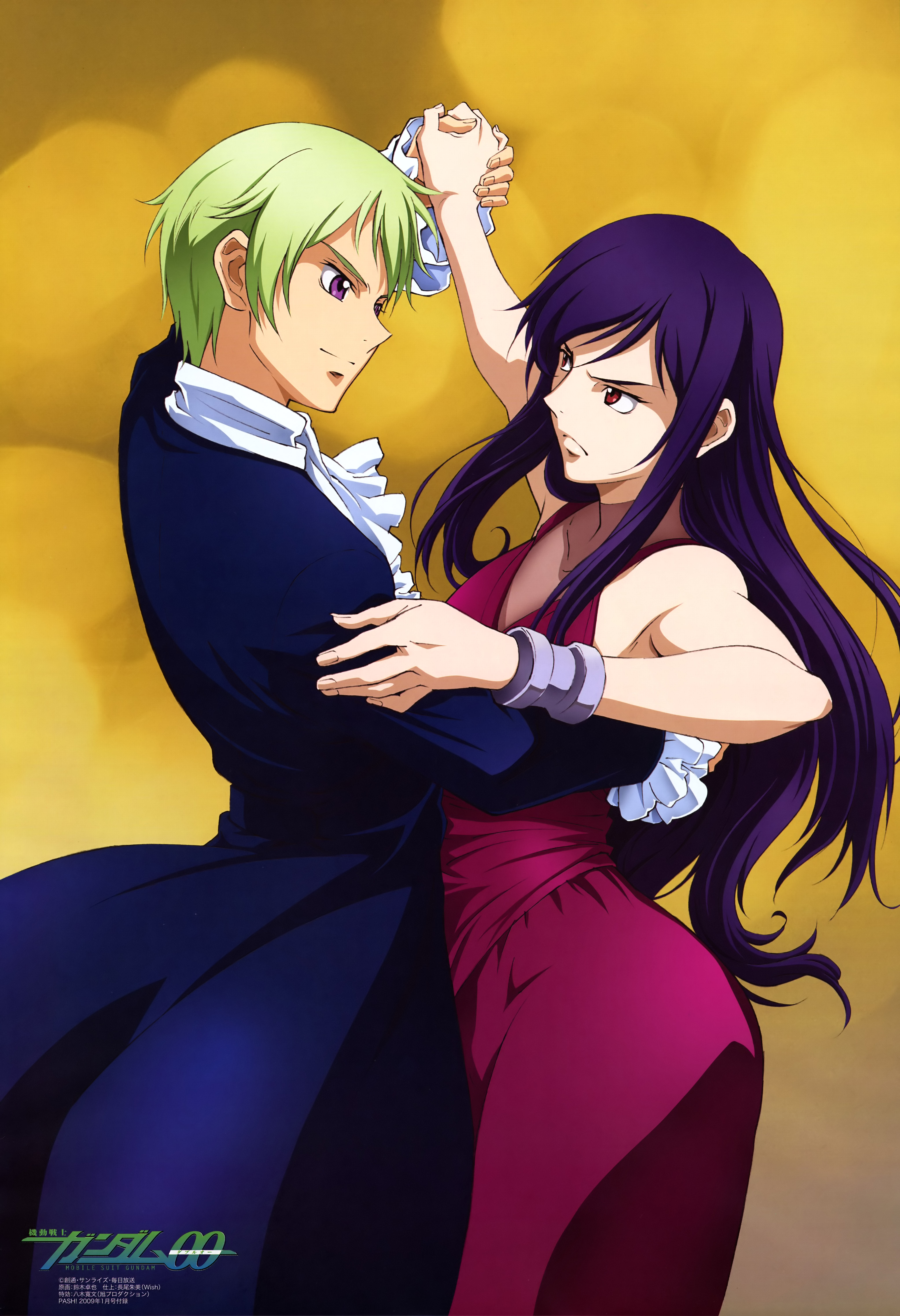 ribbons almark, tieria erde, gundam, gundam 00, absurdres, highres, scan, 00s, 2boys, androgynous, bare shoulders, dancing, dress, eye contact, frown, green hair, hand on another's back, hand on another's shoulder, holding hands, innovators (gundam 00), long hair, looking at another, male focus, multiple boys, purple eyes, purple hair, red eyes, short hair, simple background, trap, yellow background