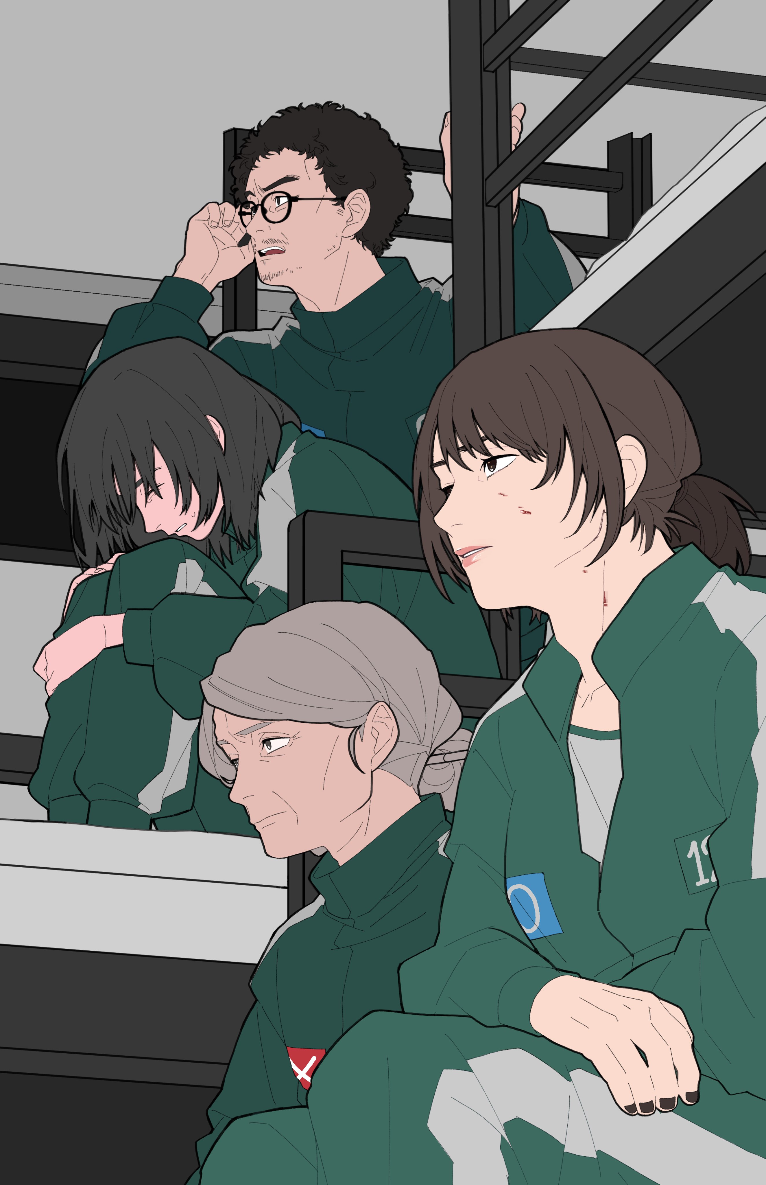 cho hyun-ju, kim young-mi, squid game, absurdres, highres, 1boy, 3girls, ^ ^, bed, black-framed eyewear, black eyes, black hair, black nails, blood, blood on face, breasts, brown hair, bunk bed, clenched teeth, closed eyes, closed mouth, collarbone, crossed arms, facial hair, feet out of frame, fingernails, flat color, from below, glasses, green jacket, green pants, green trim, grey background, grey eyes, grey hair, grey shirt, hand on own thigh, hand up, hands up, hunched over, indoors, jacket, jang geum-ja, knees up, long sleeves, looking ahead, low ponytail, mature female, mother and son, multiple girls, nail polish, on bed, open mouth, pants, park yong-sik, partially unzipped, pink lips, ponytail, profile, puffy long sleeves, puffy sleeves, round eyewear, seong (seong4rt), shirt, short hair, short ponytail, sideways mouth, simple background, sitting, small breasts, sweat, teeth, thick eyebrows, tongue, track jacket, track pants, turtleneck, turtleneck jacket, upper teeth only, very short hair