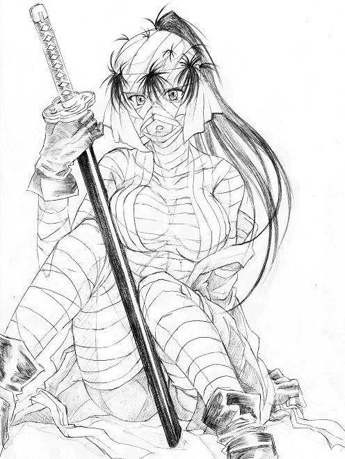 innu, shishio makoto, rurouni kenshin, gender request, 1girl, bandages, black hair, breasts, female focus, genderswap, greyscale, large breasts, long hair, monochrome, open mouth, ponytail, solo, sword, weapon