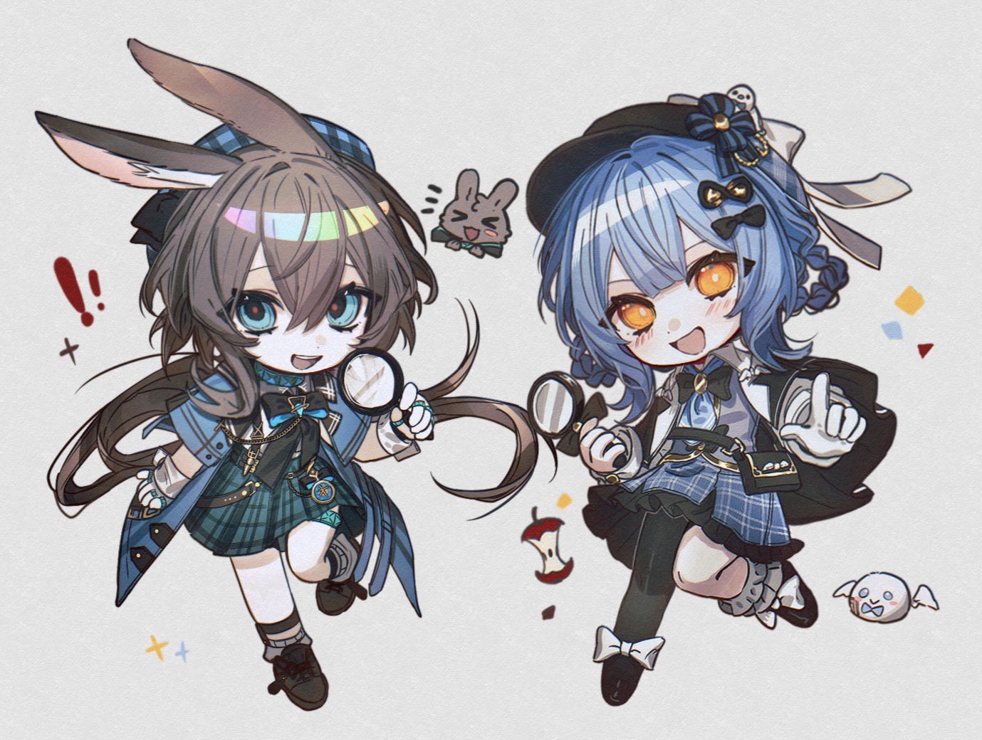 amiya (arknights), tachibana sherry, arknights, mahou shoujo no majo saiban, chinese commentary, commentary request, > <, 2girls, :d, animal ears, apple, asymmetrical legwear, bird, black capelet, black hat, black ribbon, black shoes, blue coat, blue eyes, blue hair, blue hat, blue skirt, blunt bangs, braid, braided hair rings, brown hair, capelet, chibi, chibi only, coat, crossover, deerstalker, deng ya, detective, floating hair, food, fruit, grey background, hair between eyes, hair rings, hat, holding, holding magnifying glass, long hair, long sleeves, looking at viewer, magical girl, magnifying glass, mismatched legwear, multiple girls, neck ribbon, official alternate costume, open mouth, plaid clothes, plaid skirt, pleated skirt, pointing, pointing at viewer, rabbit, rabbit ears, rabbit girl, ribbon, shoes, short hair, single leg pantyhose, skirt, smile, standing, standing on one leg, xd, yellow eyes