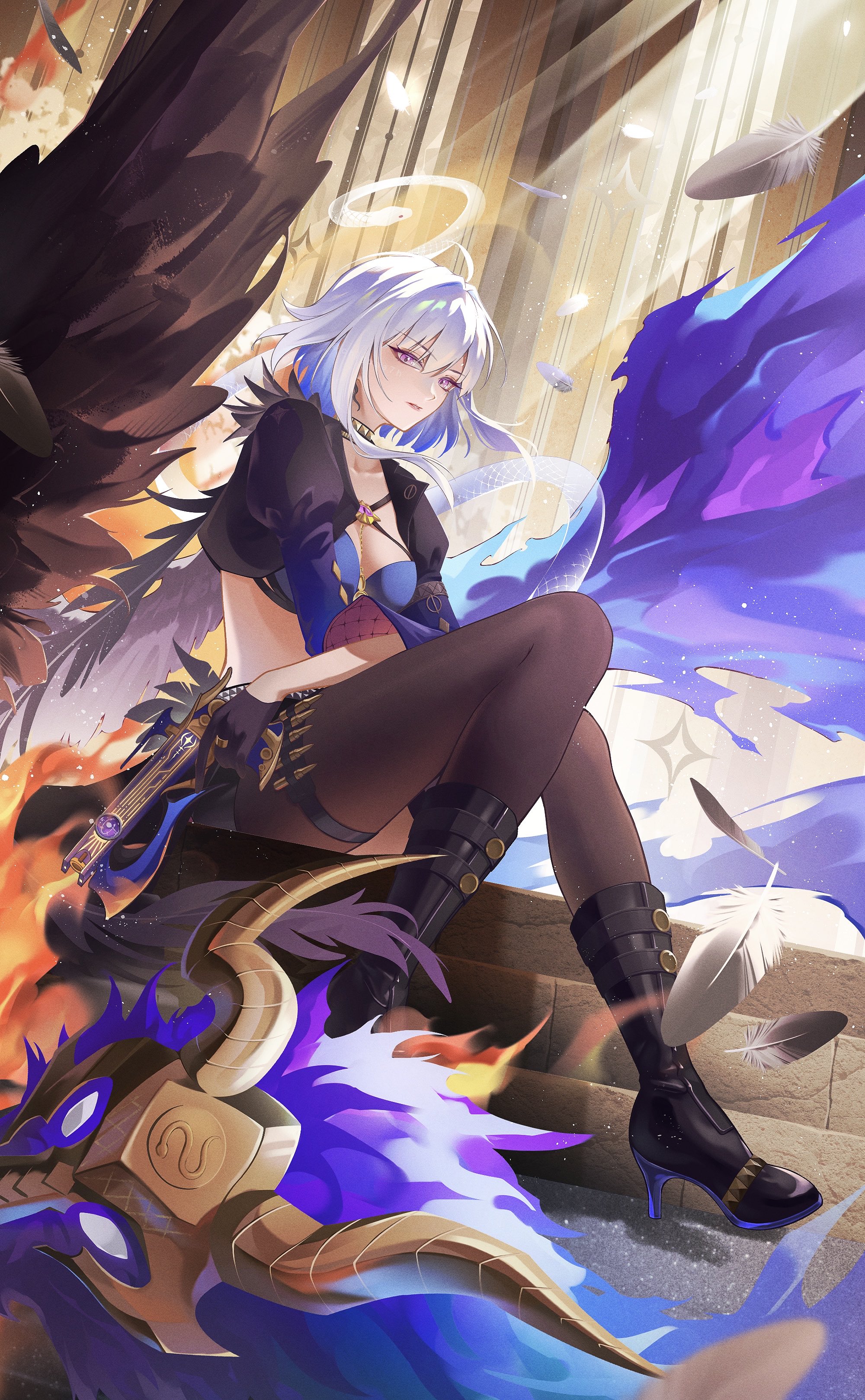 chigusa7h, galbrena (wuthering waves), wuthering waves, absurdres, commentary, highres, 1girl, asymmetrical wings, black boots, black jacket, black pantyhose, black thighhighs, blue bra, boots, bra, breasts, closed mouth, cropped jacket, feathers, grey hair, gun, high heel boots, high heels, holding, holding gun, holding weapon, jacket, looking at viewer, medium breasts, medium hair, mismatched wings, pantyhose, purple eyes, single leg pantyhose, single thighhigh, sitting, solo, stomach, thighhighs, underwear, weapon, wings
