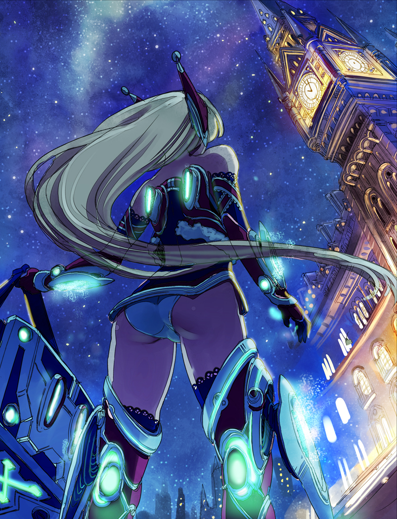 yahako, original, bad id, bad pixiv id, ass, blonde hair, long hair, night, panties, sky, solo, star (sky), star (symbol), starry sky, thighhighs, underwear
