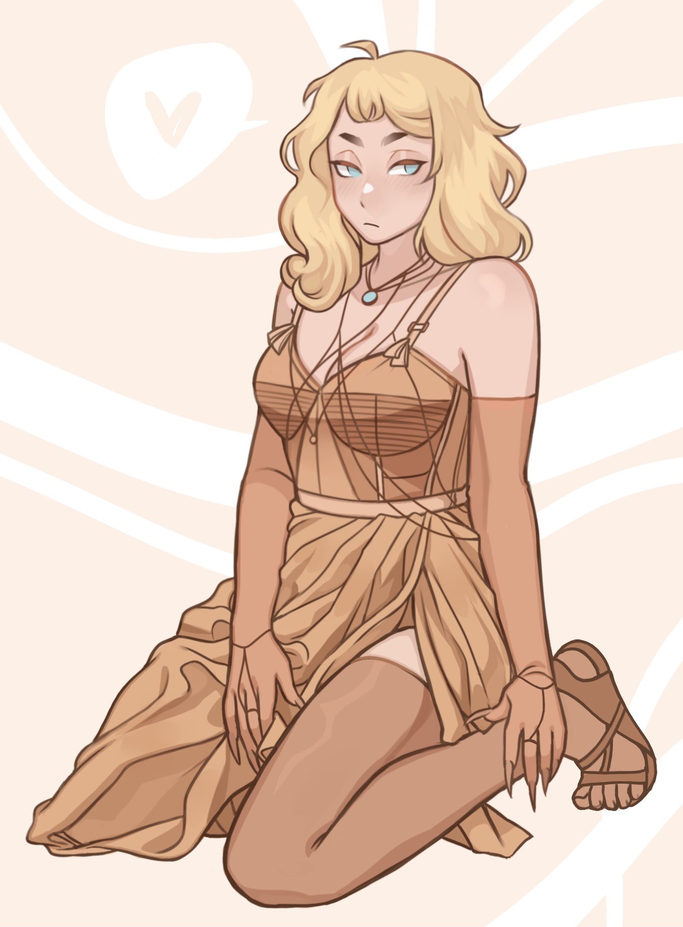 gluca, billie eilish, real life, commentary, english commentary, highres, 1girl, blonde hair, blue eyes, breasts, brown camisole, brown skirt, brown thighhighs, camisole, cleavage, elbow gloves, fingernails, full body, gloves, heart, kneeling, large breasts, light frown, medium hair, mismatched eyebrows, sandals, sharp fingernails, side slit, skirt, solo, spoken heart, thighhighs