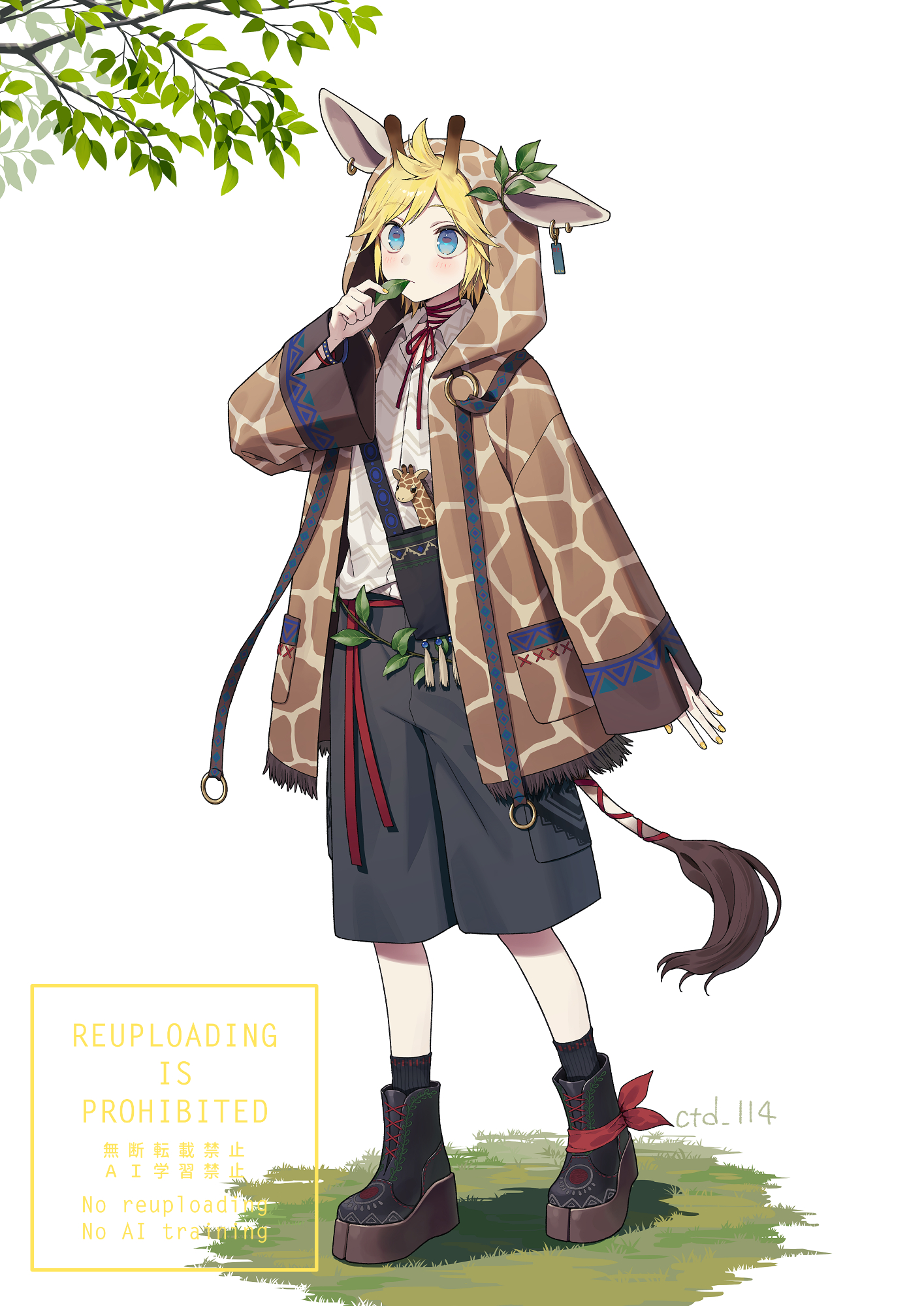 ctd 114, kagamine len, vocaloid, commentary request, highres, 1boy, animal ears, artist name, black boots, black shorts, black socks, blonde hair, blue eyes, blush, boots, brown hoodie, closed mouth, collared shirt, full body, giraffe ears, giraffe tail, hood, hood up, hoodie, long sleeves, male focus, neck ribbon, open clothes, open hoodie, red ribbon, ribbon, shirt, short hair, shorts, simple background, socks, solo, standing, tail, watermark, white background, white shirt