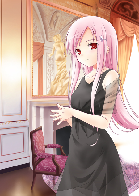 mikaze takashi, lucy maria misora, to heart (series), to heart 2, 00s, 1girl, dress, female focus, hair ornament, hairpin, long hair, mirror, pink hair, red eyes, smile, solo, steepled fingers