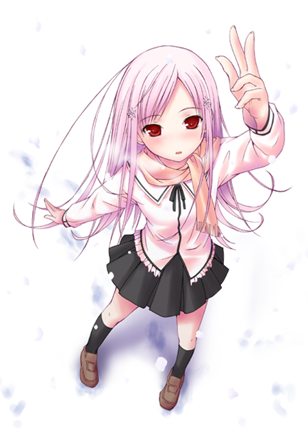 mikaze takashi, lucy maria misora, to heart (series), to heart 2, 00s, 1girl, breath, female focus, from above, full body, pink hair, red eyes, scarf, school uniform, snow, solo