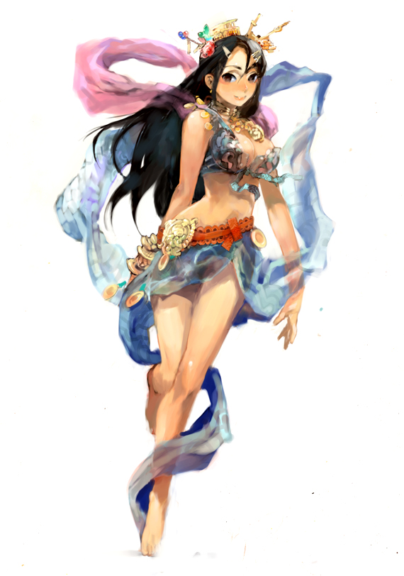 humi, toi8, original, 1girl, barefoot, belt, black hair, breasts, brown eyes, cleavage, female focus, flying, jewelry, large breasts, legs, long hair, lots of jewelry, smile, solo, standing, standing on one leg
