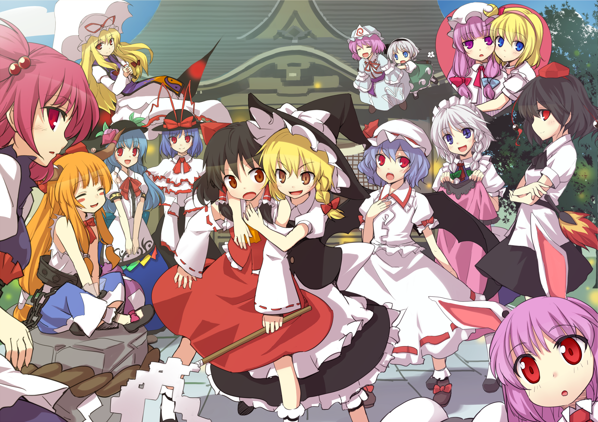 doriruman, alice margatroid, hakurei reimu, hinanawi tenshi, ibuki suika, izayoi sakuya, kirisame marisa, konpaku youmu, nagae iku, onozuka komachi, patchouli knowledge, reisen udongein inaba, remilia scarlet, saigyouji yuyuko, shameimaru aya, yakumo yukari, scarlet weather rhapsody, touhou, highres, 6+girls, everyone, female focus, multiple girls