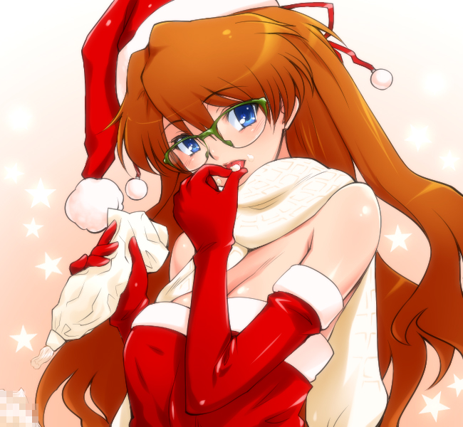 hairu, souryuu asuka langley, neon genesis evangelion, 1girl, alternate breast size (larger), bespectacled, blue eyes, breasts, christmas, cleavage, eating, elbow gloves, female focus, glasses, gloves, green-framed eyewear, hat, large breasts, long hair, orange hair, over-rim eyewear, red gloves, santa costume, santa hat, scarf, semi-rimless eyewear, solo, star (symbol), tongue