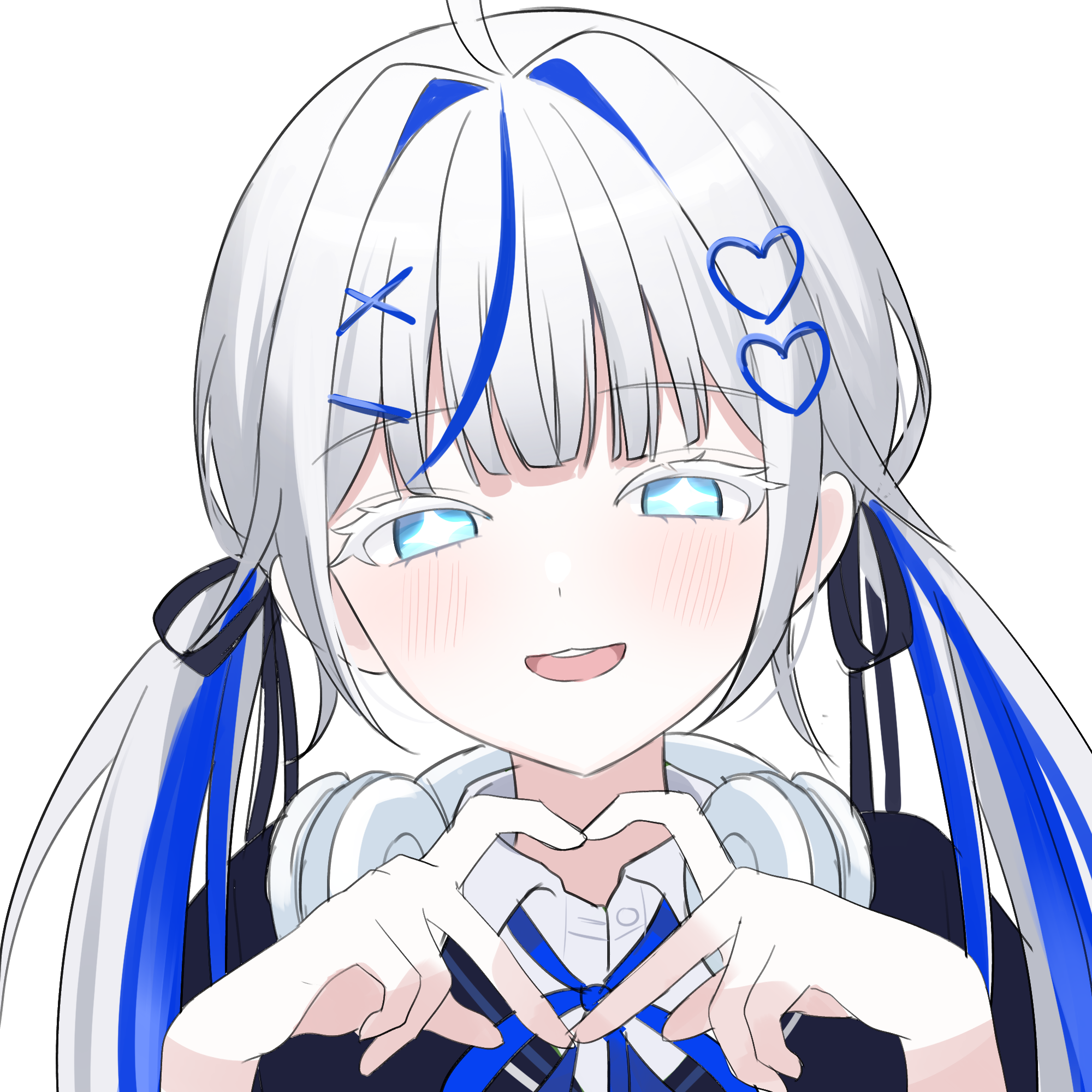 nannung, aokumo rin, stellive, highres, 1girl, ahoge, blue eyes, colored eyelashes, hair ornament, hair ribbon, hairclip, headphones, headphones around neck, heart, heart hair ornament, heart hands, multicolored hair, open mouth, ribbon, smile, solo, sparkling eyes, streaked hair, twintails, upper body, virtual youtuber, white eyelashes, white hair