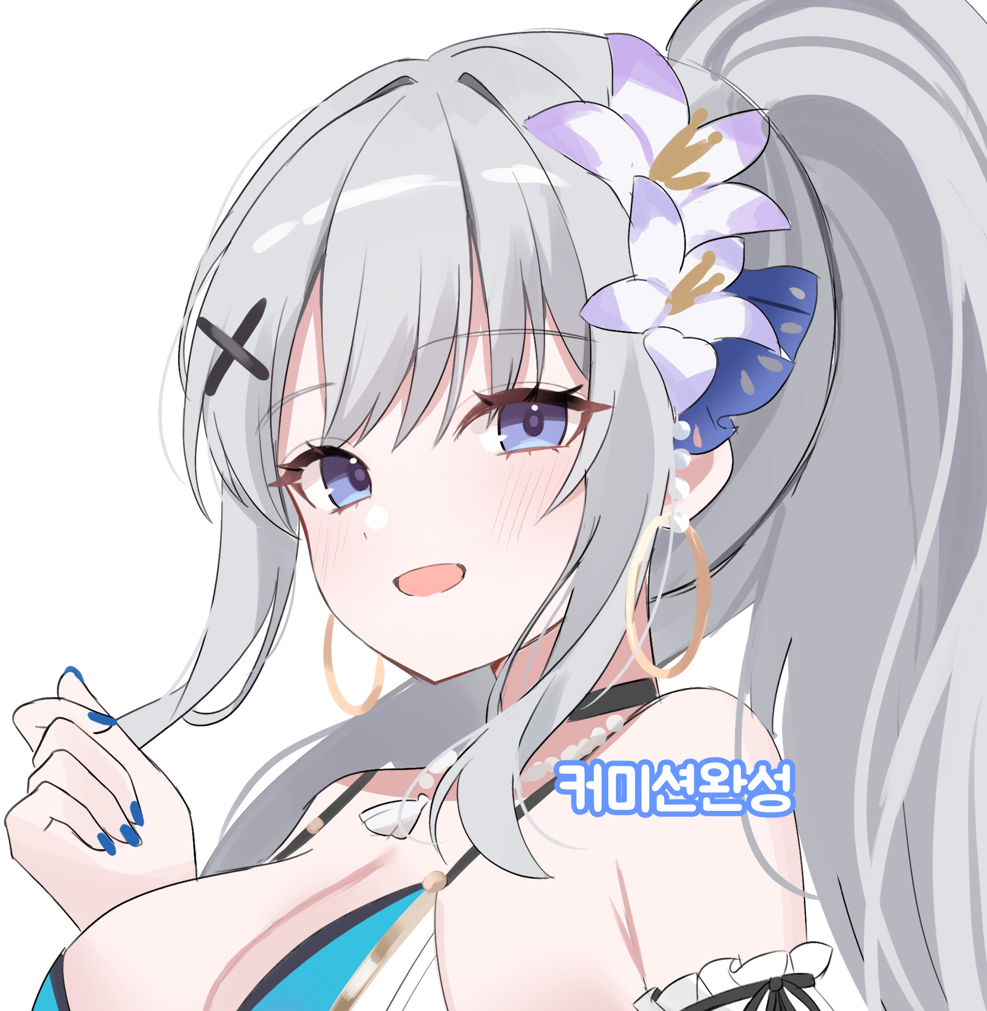 nannung, adina savic, black survival, eternal return: black survival, commission, highres, 1girl, armpit crease, bare shoulders, bikini, black choker, blue bikini, blue eyes, blue nails, breasts, choker, cleavage, earrings, flower, grey hair, hair flower, hair ornament, hairclip, hand up, hoop earrings, jewelry, large breasts, long hair, looking at viewer, multicolored bikini, nail polish, necklace, official alternate costume, open mouth, ponytail, simple background, smile, solo, string bikini, swimsuit, two-tone bikini, upper body, white background, x hair ornament
