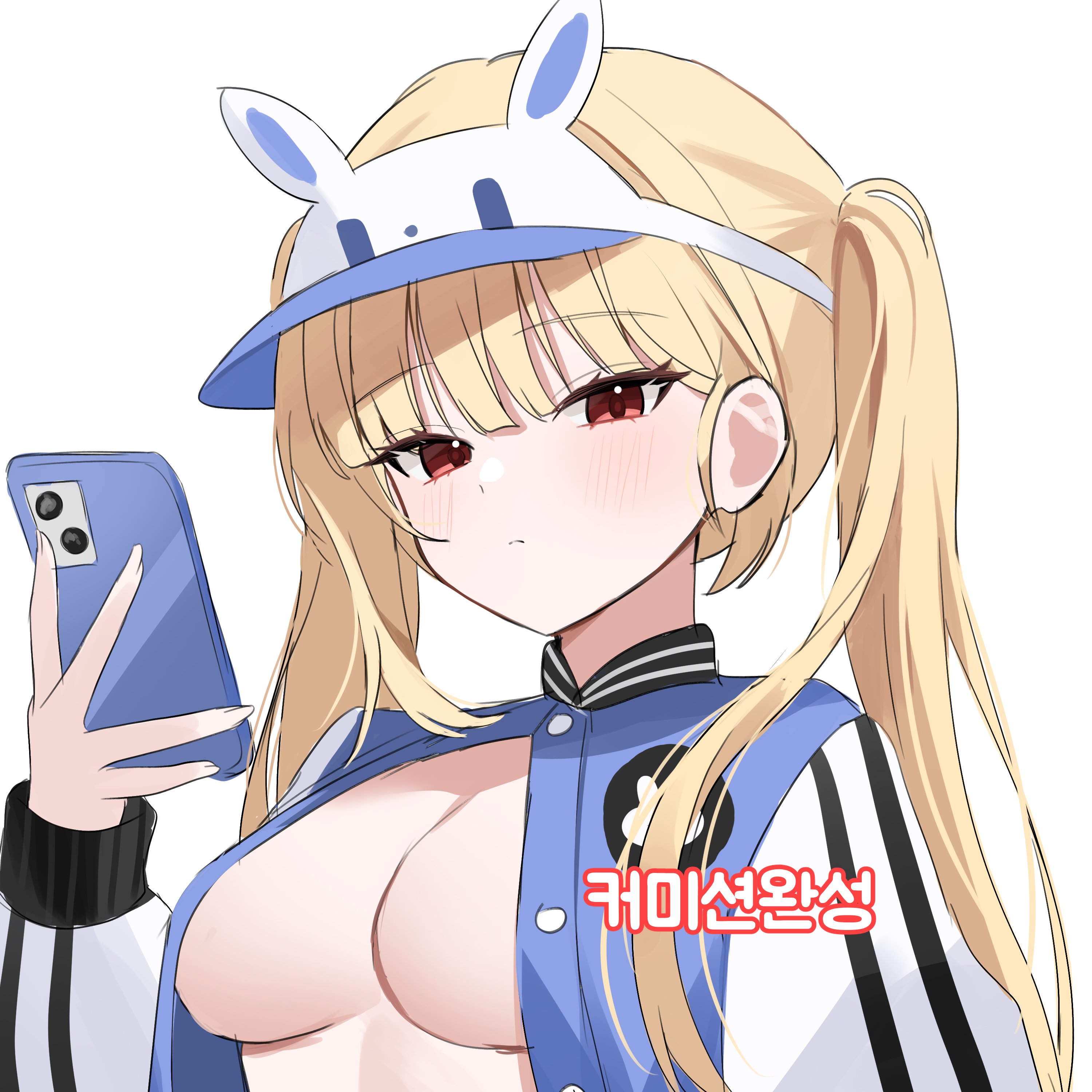 nannung, baseball club mob (draco), original, absurdres, commission, highres, 1girl, animal ears, blonde hair, blue jacket, breasts, cleavage, closed mouth, fake animal ears, hand up, holding, holding phone, jacket, long hair, long sleeves, looking at viewer, medium breasts, no bra, open clothes, open jacket, phone, red eyes, simple background, solo, twintails, unbuttoned, upper body, visor cap, white background