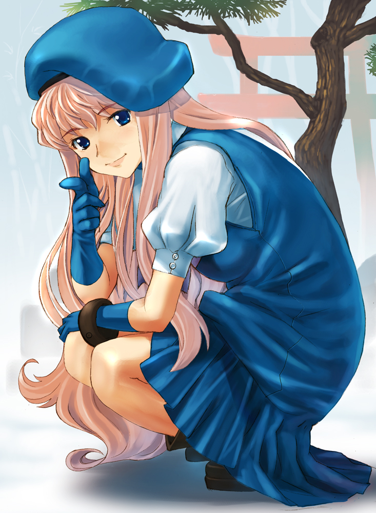 hirokiku, sheryl nome, macross, macross frontier, 00s, blue eyes, finger gun, gloves, long hair, pink hair, pointing, solo, squatting, torii