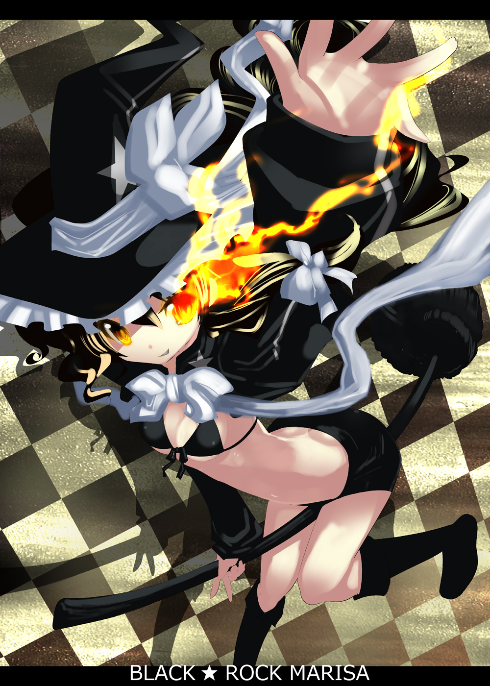 a-walk, fujishima-sei ichi-gou, black rock shooter (character), kirisame marisa, black rock shooter, touhou, highres, 1girl, bikini, bikini top only, black bikini, black rock shooter (cosplay), blonde hair, boots, broom, broom riding, cosplay, female focus, flat chest, hat, long hair, parody, solo, swimsuit, witch, witch hat