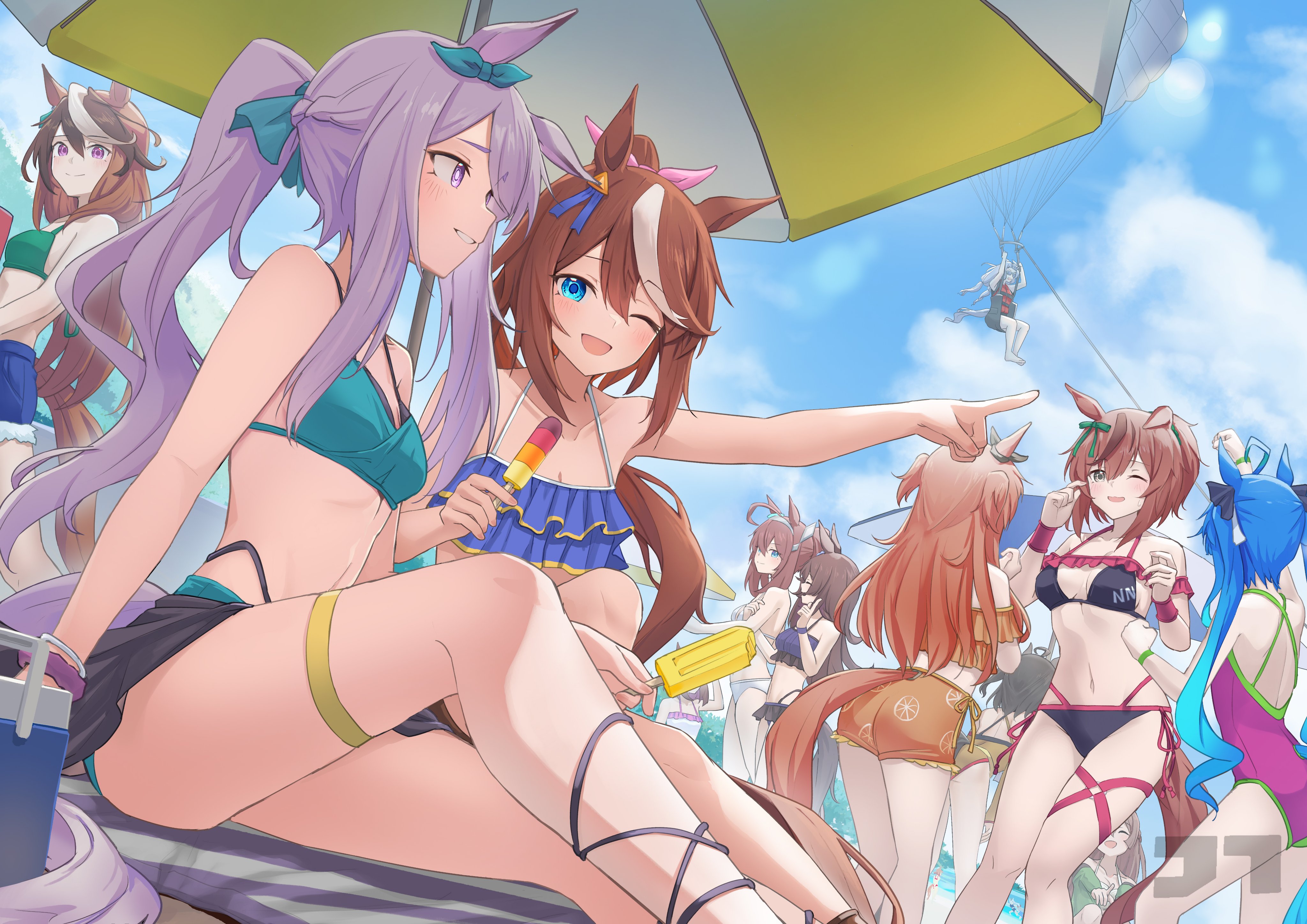 jtleeklm, gold ship (umamusume), kitasan black (umamusume), mayano top gun (umamusume), mejiro mcqueen (umamusume), mihono bourbon (umamusume), nice nature (umamusume), oguri cap (umamusume), rice shower (umamusume), satono diamond (umamusume), special week (umamusume), symboli rudolf (umamusume), tamamo cross (umamusume), tokai teio (umamusume), umamusume, absurdres, commentary request, highres, 6+girls, ;d, ^ ^, ahoge, alternate costume, animal ears, beach, bikini, black bikini, blue bikini, blue eyes, blue hair, blue sky, bow, breasts, brown hair, cleavage, closed eyes, closed mouth, clothes writing, cooler, day, double-parted bangs, ear bow, ear ornament, food, food print, fruit print, green bikini, green eyes, grey hair, grin, hair between eyes, hair bow, hairband, holding, holding another's arm, holding food, holding popsicle, horse ears, horse girl, horse tail, long hair, looking ahead, looking at viewer, male swimwear, medium breasts, multi-strapped bikini bottom, multicolored hair, multiple girls, navel, one-piece swimsuit, one eye closed, open mouth, orange bikini, orange hair, orange print, outdoors, outstretched arm, parachute, parasailing, parasol, pink bow, pointing, popsicle, purple eyes, purple one-piece swimsuit, scrunchie, sitting, sky, small breasts, smile, streaked hair, swim trunks, swimsuit, tail, thigh strap, twintails, two-tone hair, two side up, umbrella, white bikini, white hairband, wrist scrunchie, yellow one-piece swimsuit