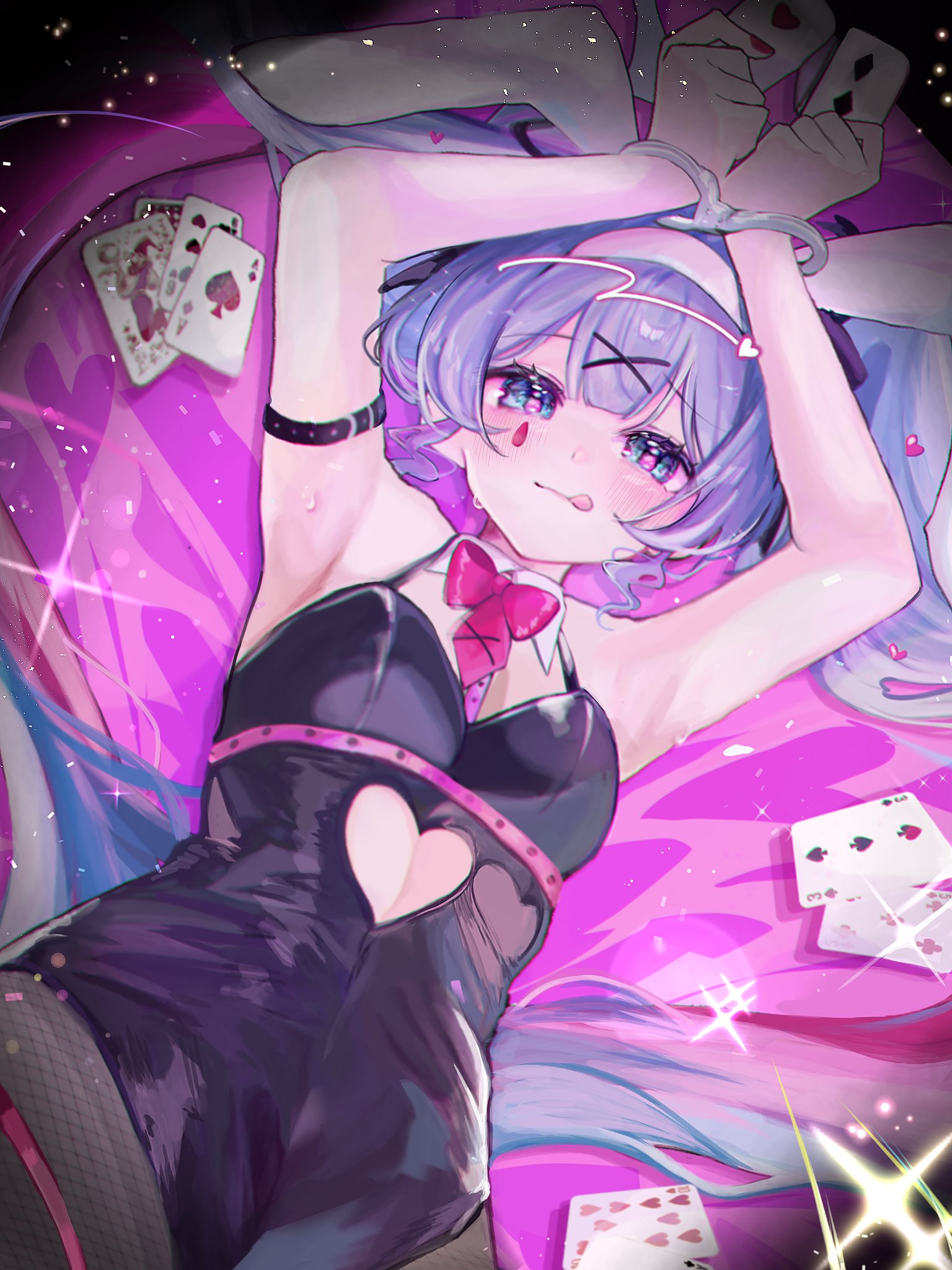 hatsune miku, rabbit hole (vocaloid), vocaloid, hashtag-only commentary, highres, 1girl, animal ears, arm strap, arm up, armpit focus, armpits, black leotard, black ribbon, blue eyes, blue hair, bow, bowtie, card, center-flap bangs, clothing cutout, colored inner hair, cuffs, detached collar, fingernails, fishnet pantyhose, fishnets, grey leotard, hair between eyes, hair ornament, hair ribbon, hairband, handcuffs, heart, heart cutout, heart hair ornament, holding, holding card, leotard, long hair, looking at viewer, lying, multicolored hair, nail polish, pantyhose, pink bow, pink bowtie, pink hair, pink nails, pink straps, playboy bunny, playing card, presenting armpit, rabbit ears, ribbon, sakana0610773, sweatdrop, teardrop facial mark, thigh strap, tongue, tongue out, twintails, very long hair, white hairband, x hair ornament