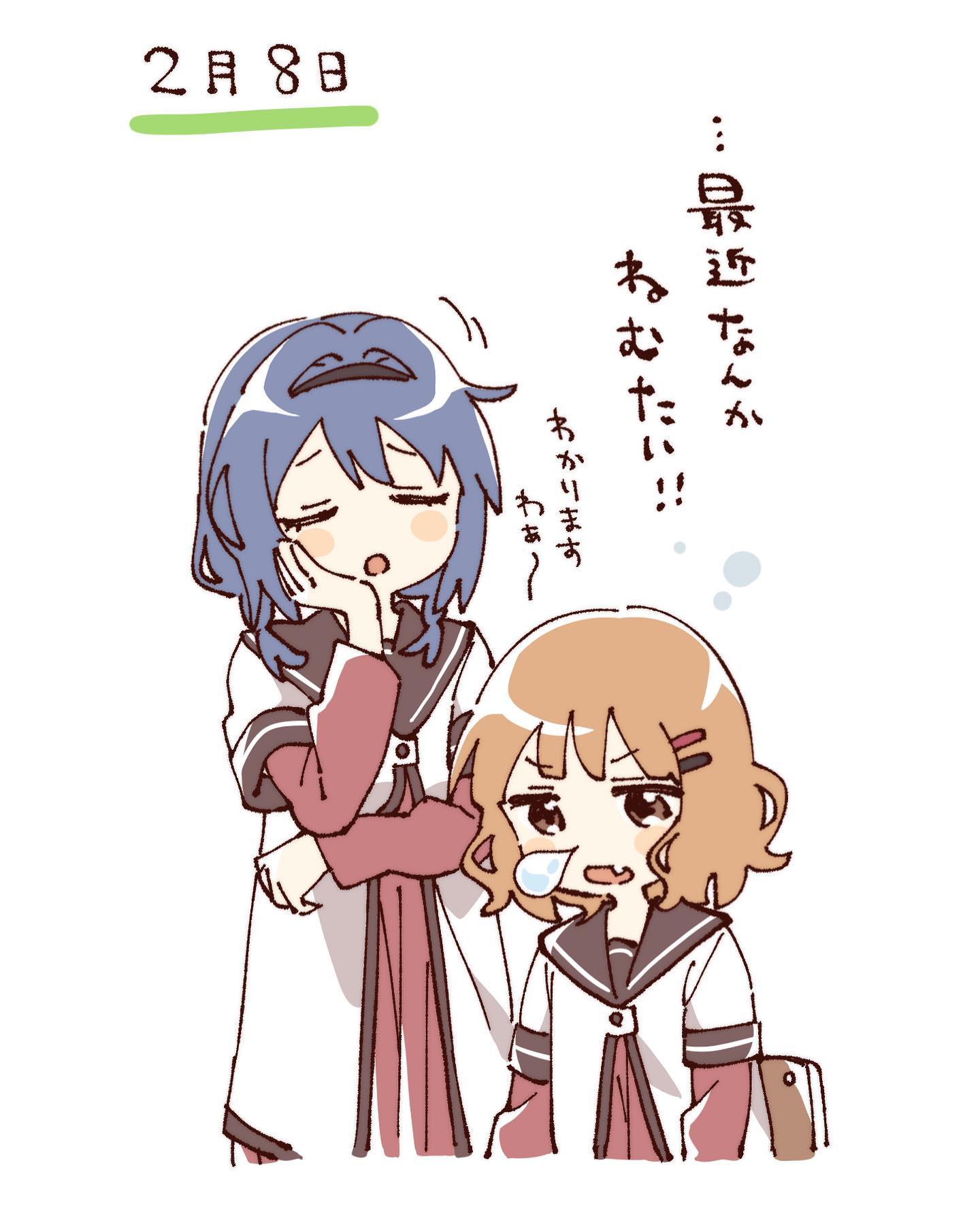 namori, furutani himawari, oomuro sakurako, yuruyuri, hashtag-only commentary, highres, translation request, 2girls, black hairband, blue hair, blush stickers, braid, brown hair, brown sailor collar, closed eyes, cropped torso, dress, fang, hair ornament, hairband, hairclip, hand on own cheek, hand on own face, layered sleeves, long sleeves, multiple girls, nanamori school uniform, nose bubble, open mouth, parallel hairclips, pleated dress, red dress, sailor collar, school uniform, shirt, short hair, short over long sleeves, short sleeves, simple background, skin fang, twin braids, white background, white shirt, winter uniform