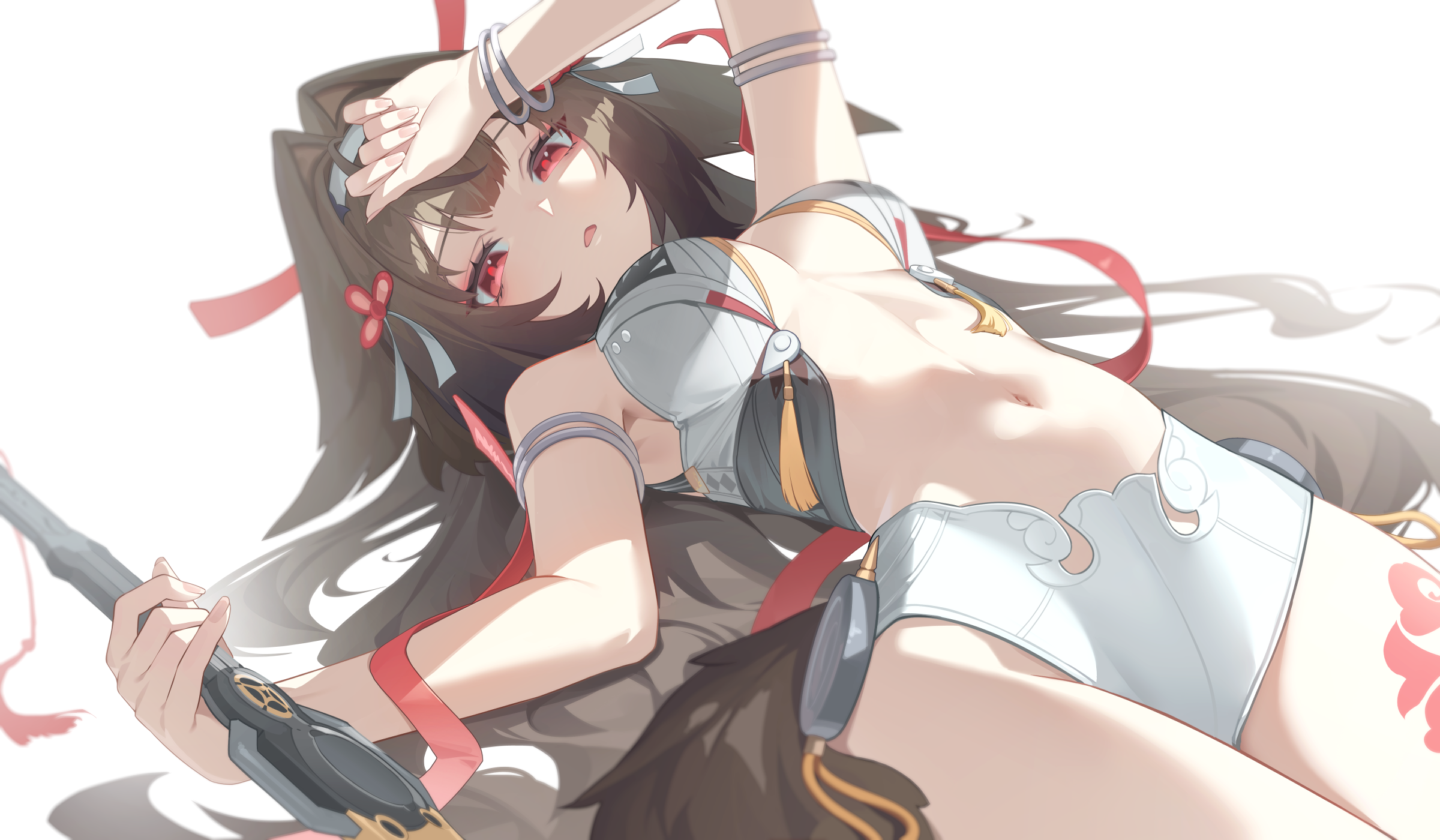 joykoygo, ye shunguang, zenless zone zero, commentary, english commentary, highres, 1girl, animal ears, arm up, armlet, bare shoulders, bracelet, breasts, brown hair, center opening, china dress, chinese clothes, cleavage, dress, floppy ears, hair spread out, hairband, holding, holding sword, holding weapon, jewelry, leg tattoo, long hair, looking at viewer, lying, medium breasts, metal bracelet, navel, on back, open mouth, red eyes, silver armlet, simple background, solo, stomach, sword, tail, tattoo, thighs, very long hair, weapon, white background