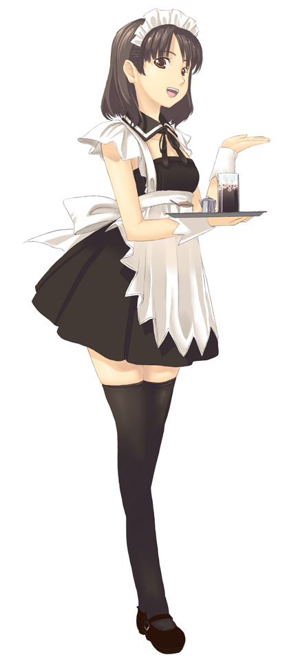 yakepu, 1girl, apron, brown eyes, brown hair, drink, female focus, happy, maid, maid apron, serving, skirt, smile, solo, thighhighs, wrist cuffs, zettai ryouiki