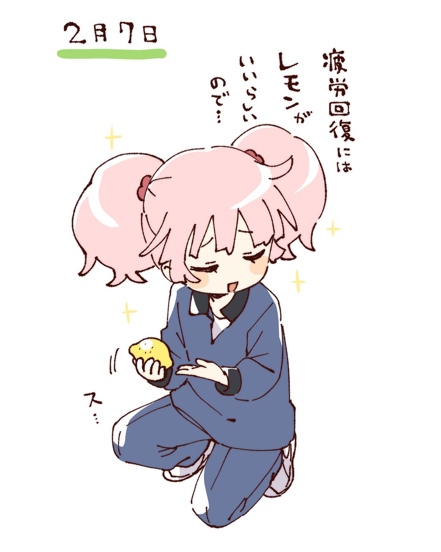 namori, yoshikawa chinatsu, yuruyuri, hashtag-only commentary, highres, translation request, 1girl, :d, blue pants, blue shirt, blush stickers, closed eyes, food, fruit, full body, hair bobbles, hair ornament, holding, holding food, holding fruit, lemon, long sleeves, open mouth, pants, pink hair, shirt, shoes, short hair, short twintails, simple background, smile, solo, sparkle, squatting, twintails, white background, white shoes