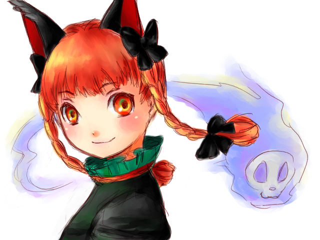 takanashi minato, kaenbyou rin, touhou, 1girl, braid, female focus, portrait, smile, solo, twin braids