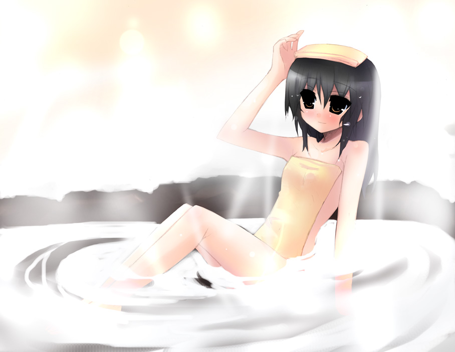 shin (new), hakurei reimu, touhou, 1girl, black hair, brown eyes, female focus, nude, onsen, solo, steam, towel