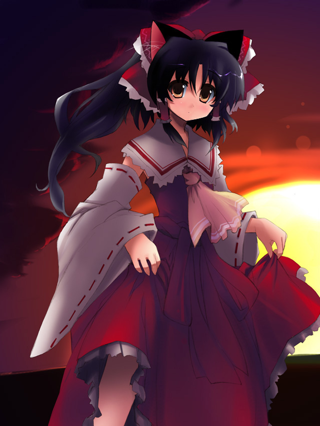 shin (new), hakurei reimu, touhou, 1girl, bare shoulders, black hair, blush, bow, brown eyes, collar, detached sleeves, dress, female focus, hair bow, japanese clothes, long hair, looking at viewer, miko, orange eyes, ponytail, red dress, solo, sunset