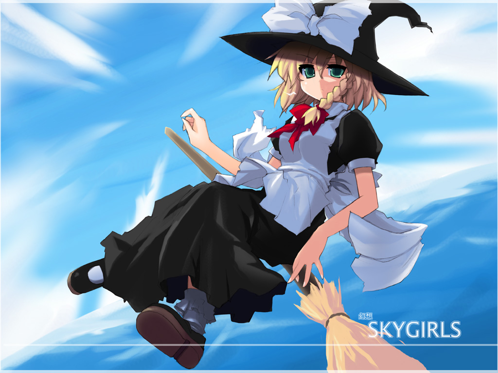 shin (new), kirisame marisa, touhou, 1girl, apron, black dress, blonde hair, blush, broom, broom riding, dress, female focus, frills, full body, green eyes, hat, looking at viewer, mary janes, puffy short sleeves, puffy sleeves, red ribbon, ribbon, shoes, short sleeves, sidesaddle, solo, waist apron, witch hat