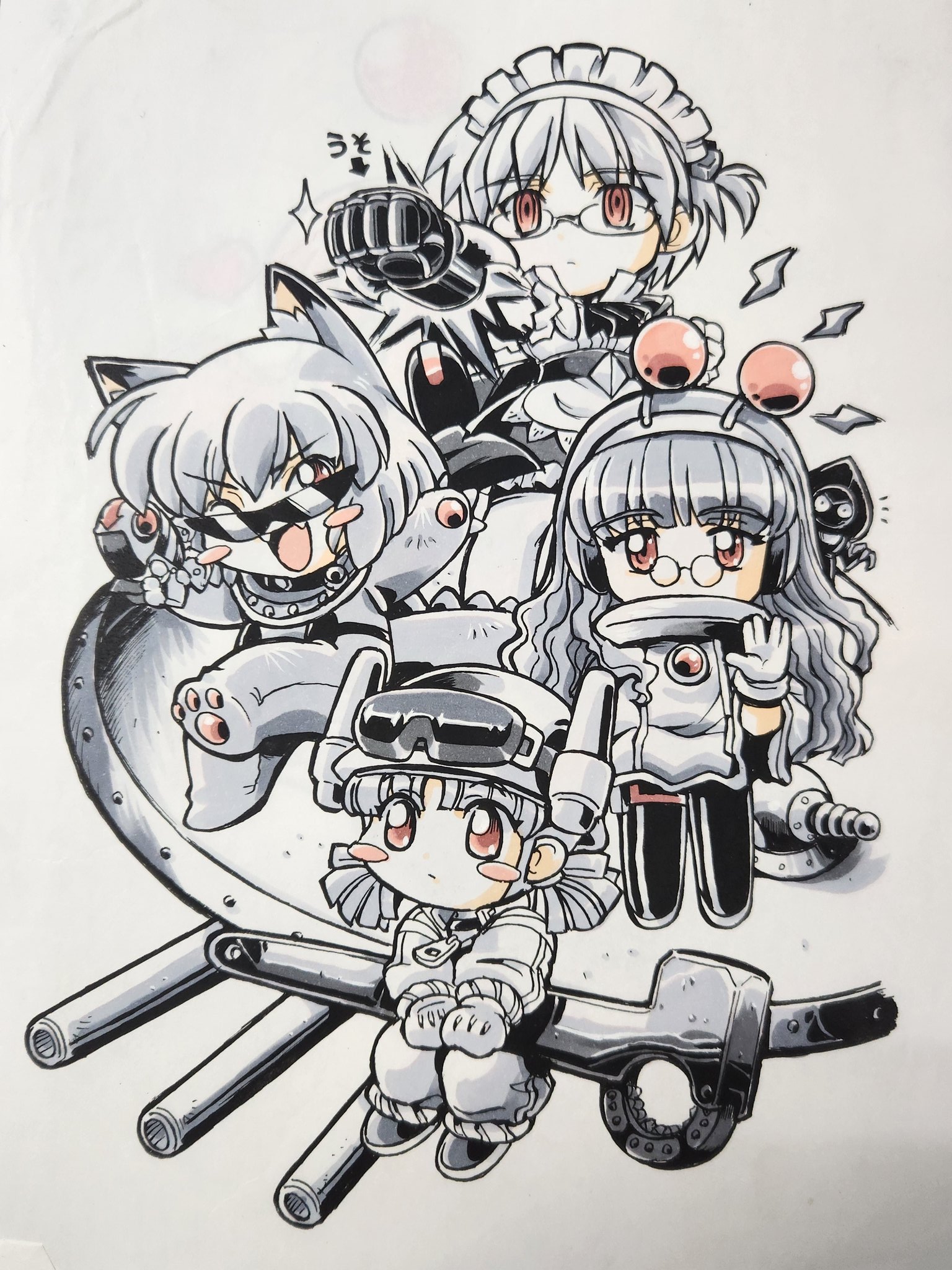 kokomahi, flatwoods monster, g-on riders, commentary, highres, traditional media, 4girls, ai (g-on riders), alien, animal ear fluff, animal ears, apron, arrow (symbol), blush stickers, brooch, cannon, cat ears, cat girl, chibi, chibi only, clenched hand, cloak, closed mouth, cube hair ornament, dinosaur costume, dinosaur tail, dress, expressionless, fake antennae, fangs, glasses, gloves, goggles, goggles on headwear, hair ornament, hard hat, headphones, helmet, jetpack, jewelry, jumpsuit, lightning bolt symbol, long hair, looking at viewer, low twintails, maid, maid apron, maid headdress, mako (g-on riders), medium hair, mini eyewear, monochrome, multiple girls, one eye closed, one side up, open mouth, oversized object, pantyhose, pao (g-on riders), round eyewear, salute, shoes, short hair, short twintails, sitting, smile, spacecraft, sparkle, spot color, standing, sunglasses, tail, twintails, vulcan salute, wrench, zero (g-on riders)