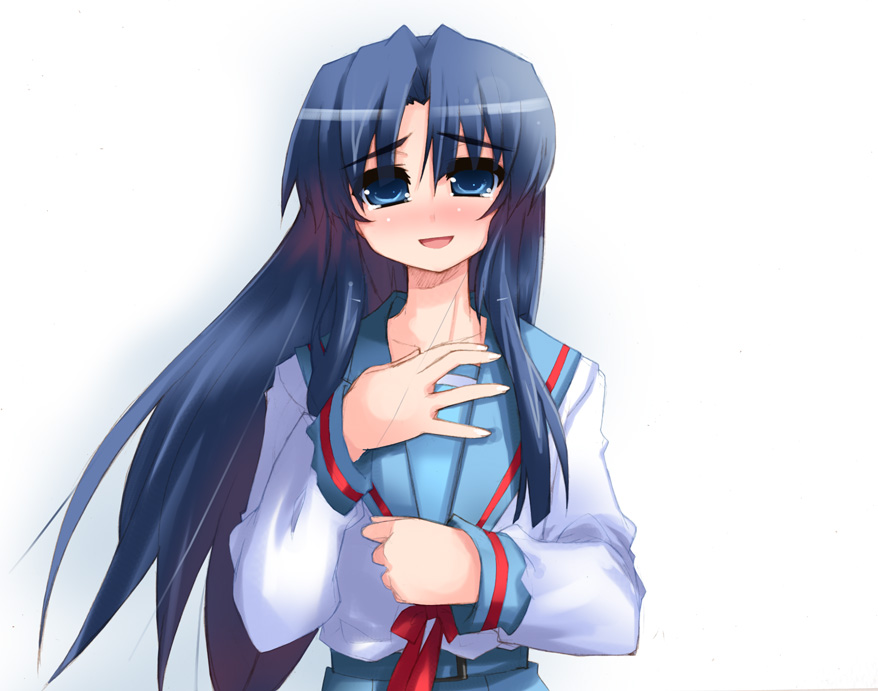 shin (new), asakura ryoko, suzumiya haruhi no yuuutsu, 00s, 1girl, black hair, blue eyes, blue hair, female focus, hand on own chest, head tilt, long hair, long sleeves, looking at viewer, matching hair/eyes, necktie, school uniform, serafuku, simple background, solo, very long hair, white background