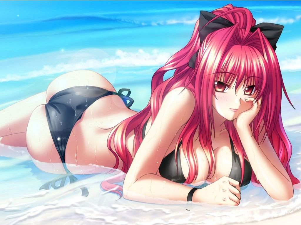 kannatsuki noboru, corticarte apa lagranges, shinkyoku soukai polyphonica, 00s, 1girl, ass, beach, bikini, black bikini, breasts, cleavage, day, female focus, hair ribbon, large breasts, outdoors, red eyes, red hair, ribbon, side-tie bikini bottom, solo, swimsuit, water
