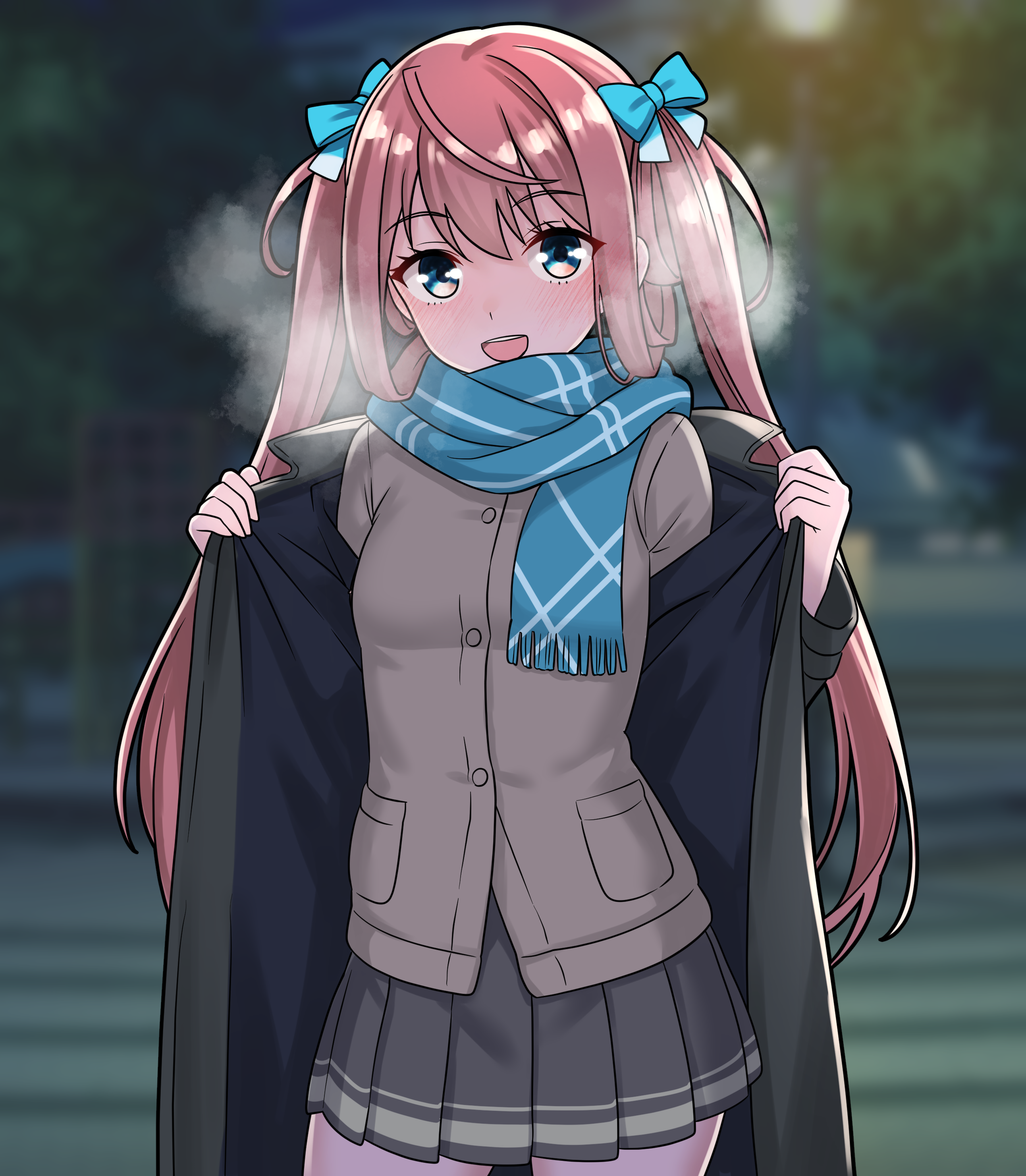 furaggu (frag 0416), asagumo (kancolle), kantai collection, absurdres, commentary request, highres, variant set, 1girl, :d, black coat, blue bow, blue scarf, bow, breasts, breath, brown cardigan, brown hair, cardigan, coat, grey skirt, hair bow, long hair, long sleeves, looking at viewer, open mouth, outdoors, pleated skirt, removing coat, scarf, school uniform, skirt, small breasts, smile, solo, standing, tongue, twintails