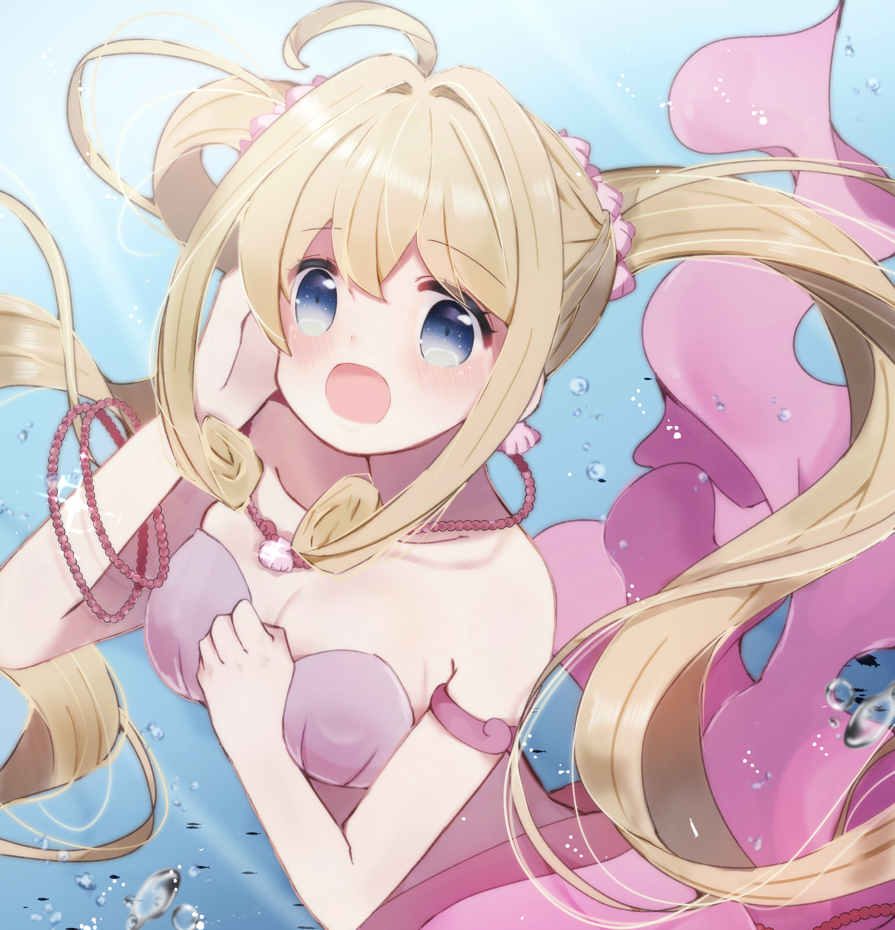 nanami lucia, nanami lucia (mermaid), mermaid melody pichi pichi pitch, absurdres, highres, 1girl, armlet, bare shoulders, bikini, blonde hair, blue eyes, breasts, cleavage, collarbone, hair between eyes, hair ornament, jewelry, long hair, looking at viewer, medium breasts, necklace, oonkyi, open mouth, pink bikini, shell, shell bikini, shell necklace, solo, swimsuit, twintails, underwater, very long hair