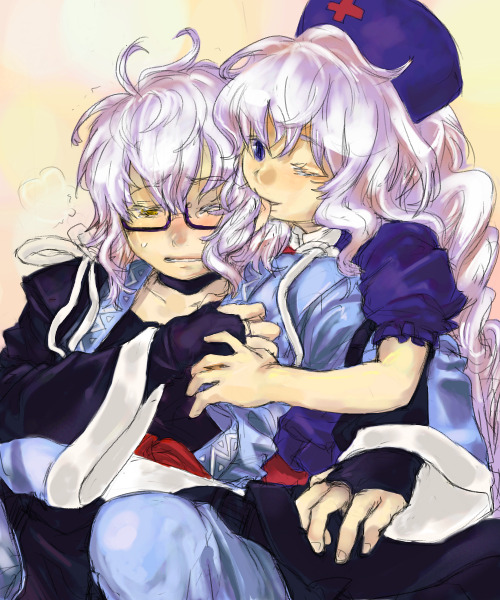 ono mochiko, morichika rinnosuke, yagokoro eirin, touhou, biting ear, 1boy, 1girl, biting, hetero