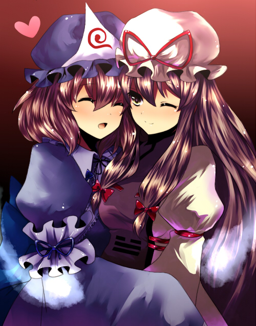 higashi yuzu, yuzu (artist), saigyouji yuyuko, yakumo yukari, touhou, 2girls, :d, ^ ^, blonde hair, blush, cheek-to-cheek, closed eyes, female focus, hat, heads together, heart, long hair, long sleeves, mob cap, multiple girls, open mouth, pink hair, short hair, sidelocks, smile, triangular headpiece, very long hair, yuri