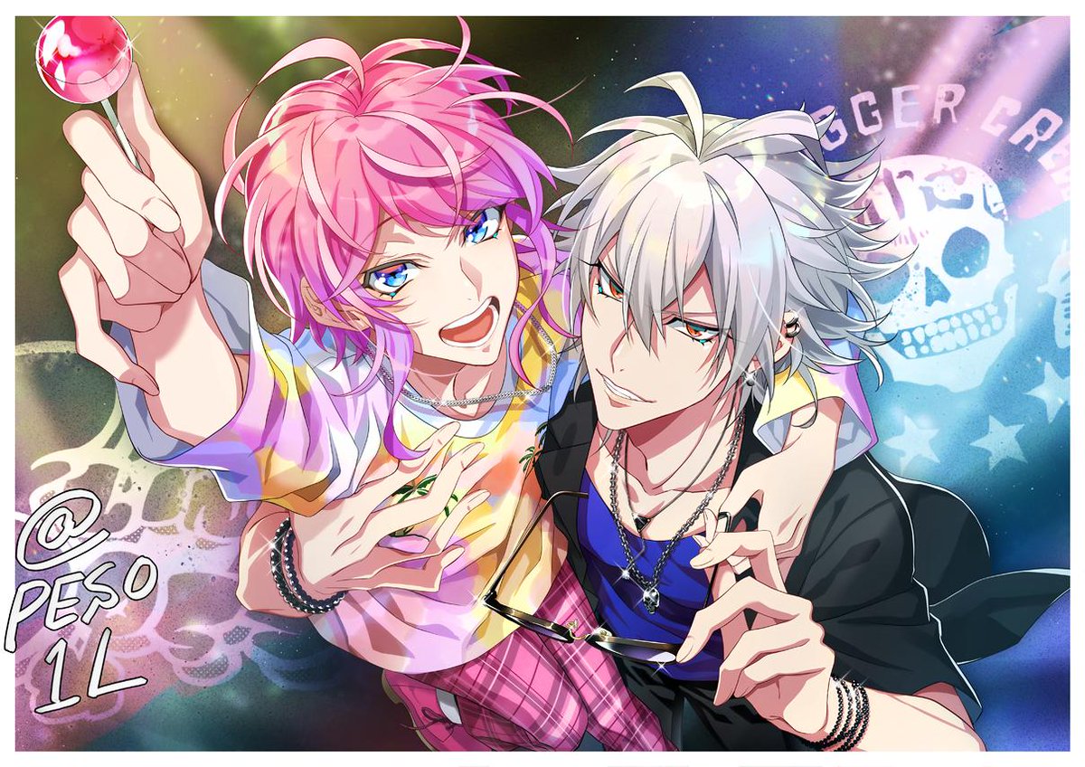 kitamiya mt, amemura ramuda, aohitsugi samatoki, hypnosis mic, silver necklace, bad id, bad twitter id, commentary request, 2boys, adam's apple, ahoge, antenna hair, arm around shoulder, arm up, bead bracelet, beads, black pants, black shirt, blue eyes, blue shirt, border, bracelet, candy, chain, chain necklace, collarbone, cowlick, ear piercing, earrings, fingernails, floating clothes, food, foreshortening, from above, glint, gradient hair, grin, group name, hair between eyes, hand on another's chest, hand up, holding, holding candy, holding food, holding lollipop, holding removed eyewear, jewelry, lapels, lifting person, lollipop, long sleeves, looking at viewer, male focus, multicolored hair, multicolored shirt, multiple boys, multiple bracelets, multiple necklaces, necklace, notched lapels, official style, open clothes, open mouth, open shirt, outstretched arm, pants, parted bangs, piercing, pink hair, pink pants, pink shoes, plaid clothes, plaid pants, print shirt, purple hair, raised eyebrows, red eyes, removing eyewear, shirt, shoes, short hair, short sleeves, sidelocks, skull, skull necklace, smile, stage lights, star (symbol), twitter username, unworn eyewear, v-shaped eyebrows, white border, white hair