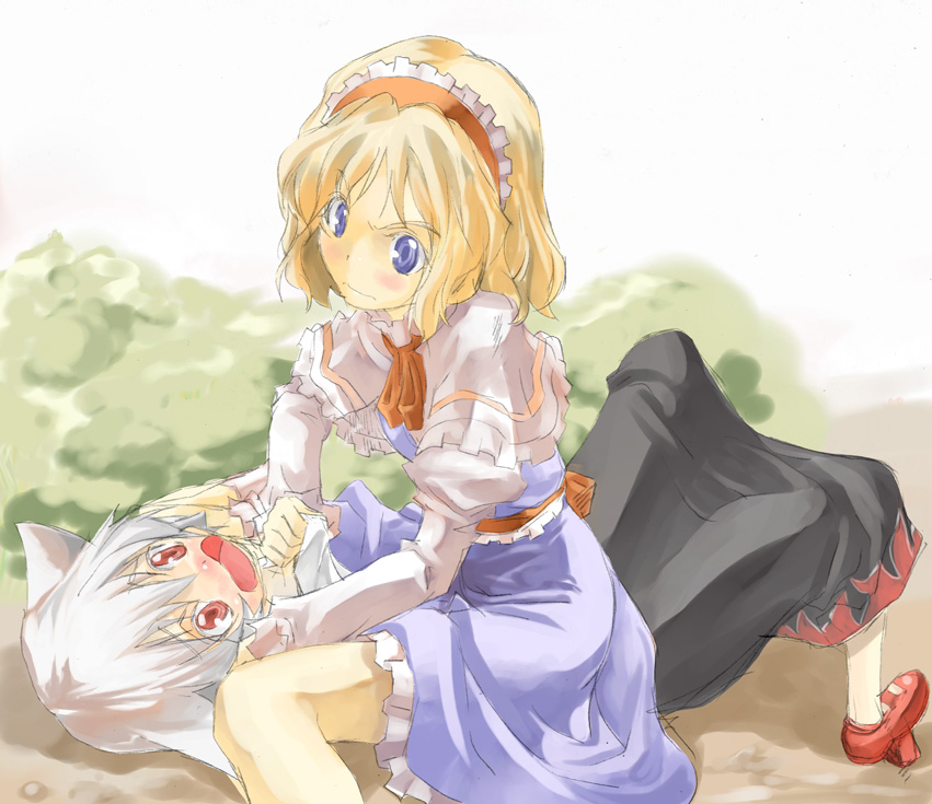 yohane, alice margatroid, inubashiri momiji, touhou, 2girls, angry, blonde hair, blue eyes, female focus, multiple girls, red eyes, ribbon, short hair, white hair, you gonna get raped
