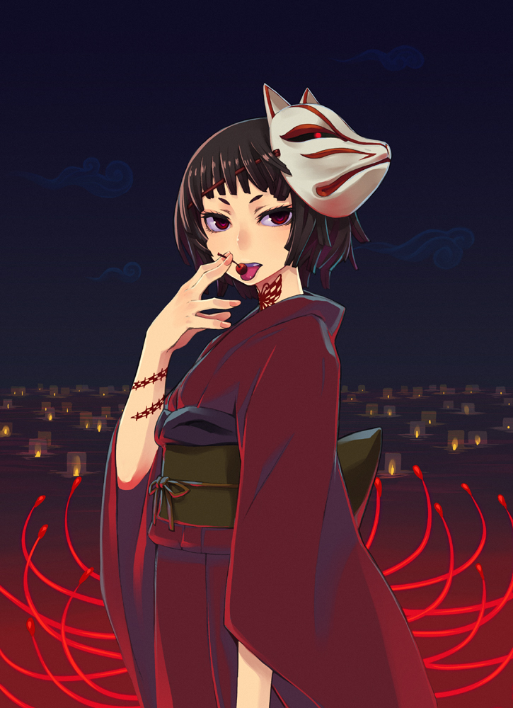 chan co, original, 1girl, brown hair, cherry, cowboy shot, female focus, flower, food, fox mask, fruit, japanese clothes, kimono, mask, mask on head, red eyes, red flower, red kimono, short hair, solo, spider lily, tattoo, yukata