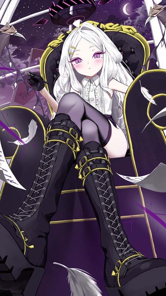 shirubaa, hina (blue archive), blue archive, 1girl, ahoge, black halo, black thighhighs, breasts, demon girl, demon horns, demon wings, halo, horns, long hair, looking at viewer, low wings, moon, night, night sky, purple eyes, sitting, sky, small breasts, solo, star (sky), thighhighs, thighs, very long hair, white hair, wings