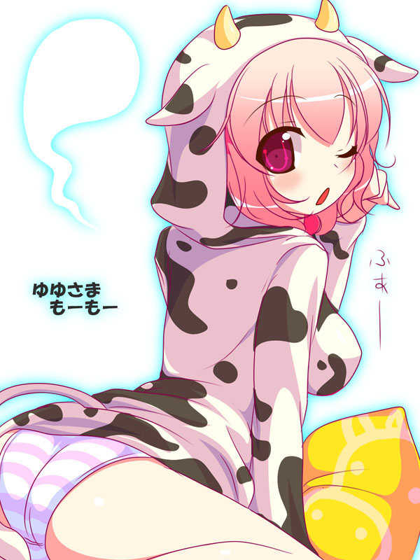 niwatoriya, saigyouji yuyuko, touhou, 1girl, animal costume, animal print, ass, costume, cow, cow costume, cow print, female focus, one eye closed, open mouth, panties, pink eyes, pink hair, short hair, solo, striped clothes, striped panties, underwear, wink